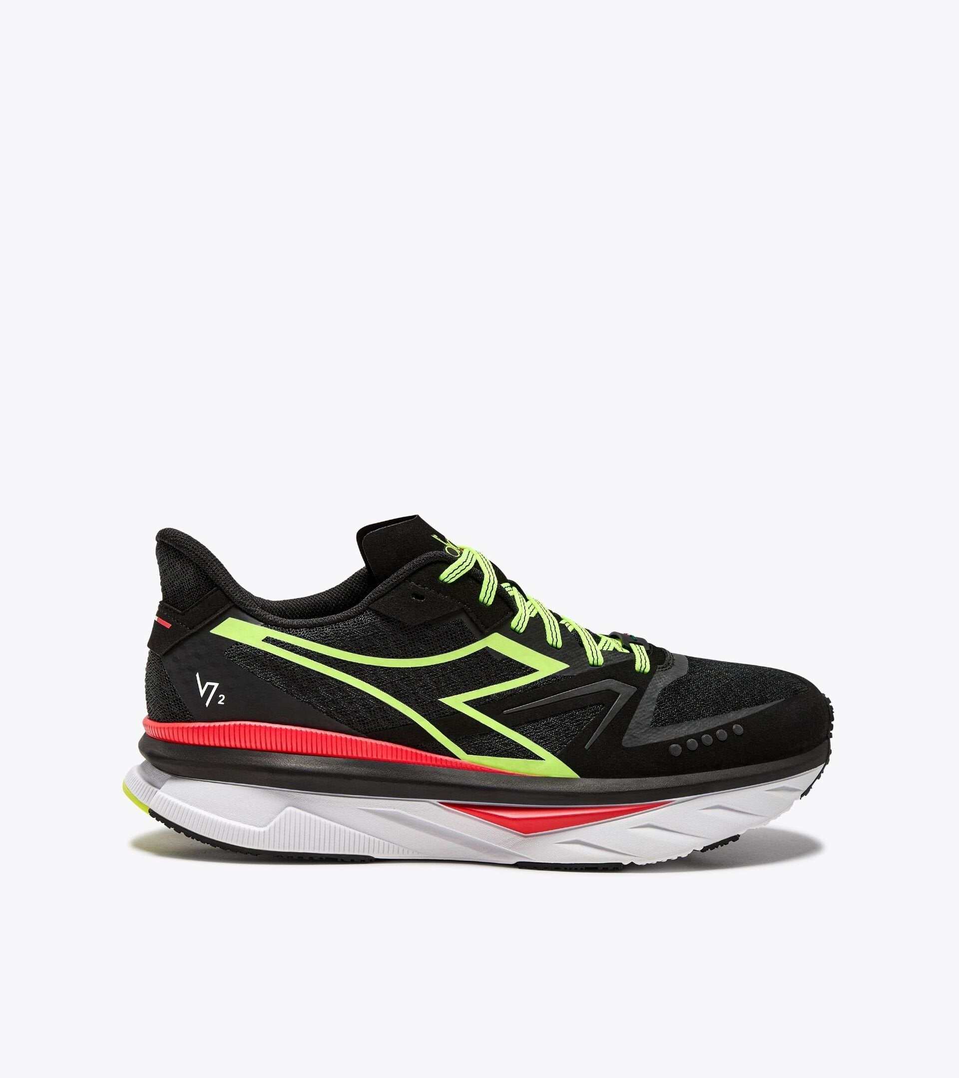 ATOMO V7000-2 black running shoe with neon green and red accents.