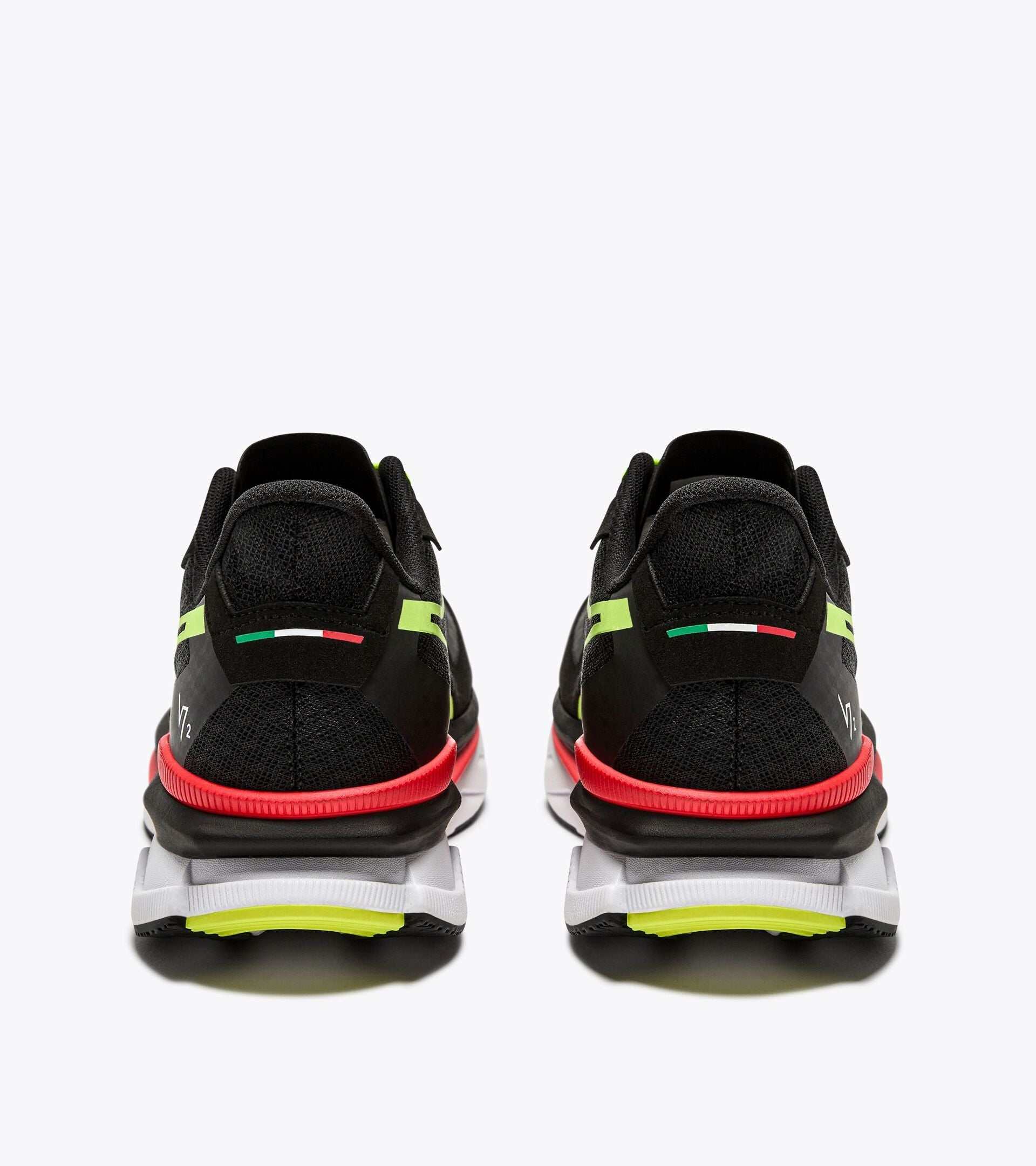 ATOMO V7000-2 sneakers in black with vibrant accents from rear view.