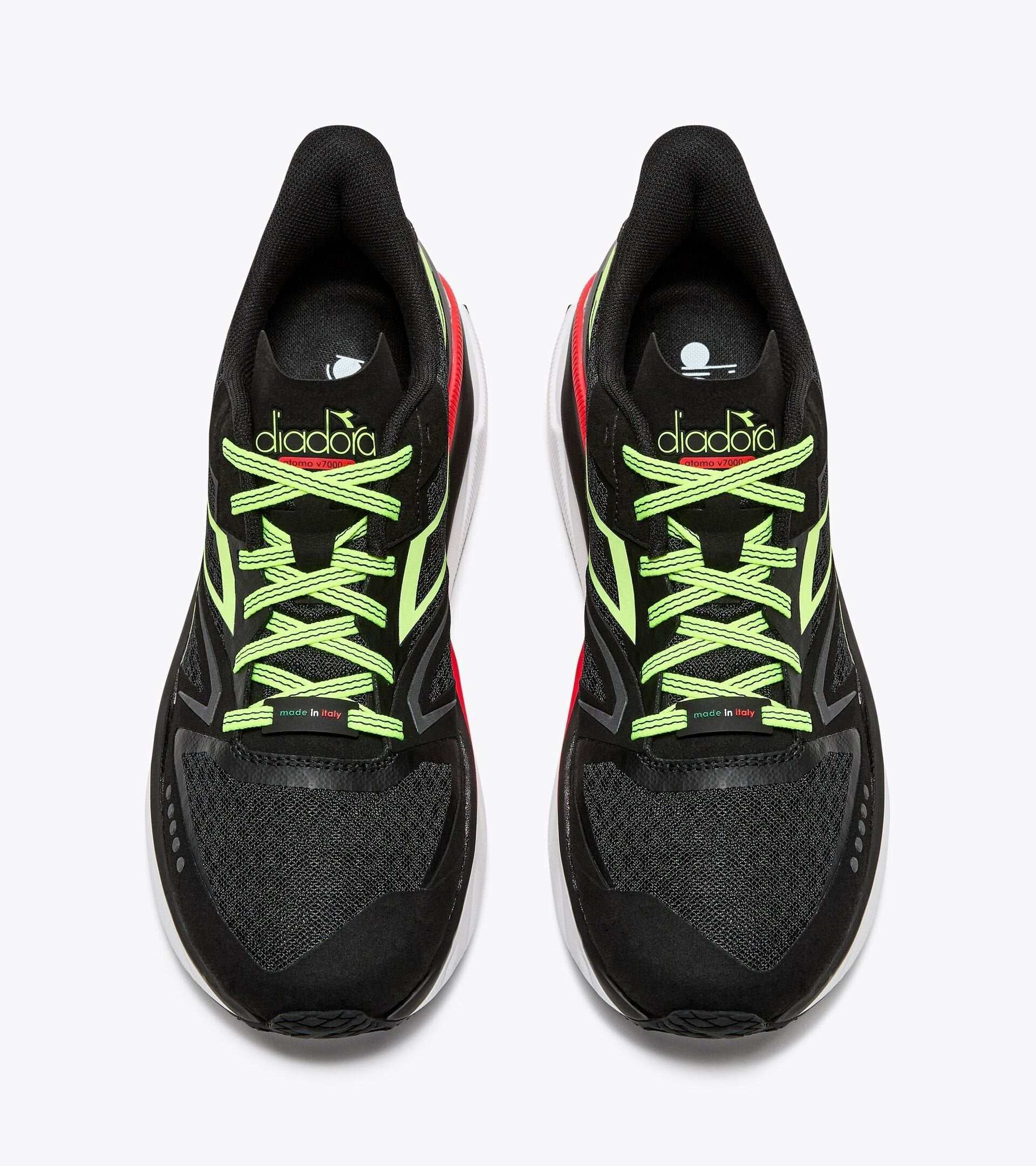ATOMO V7000-2 running shoes with black, neon green, and red details.