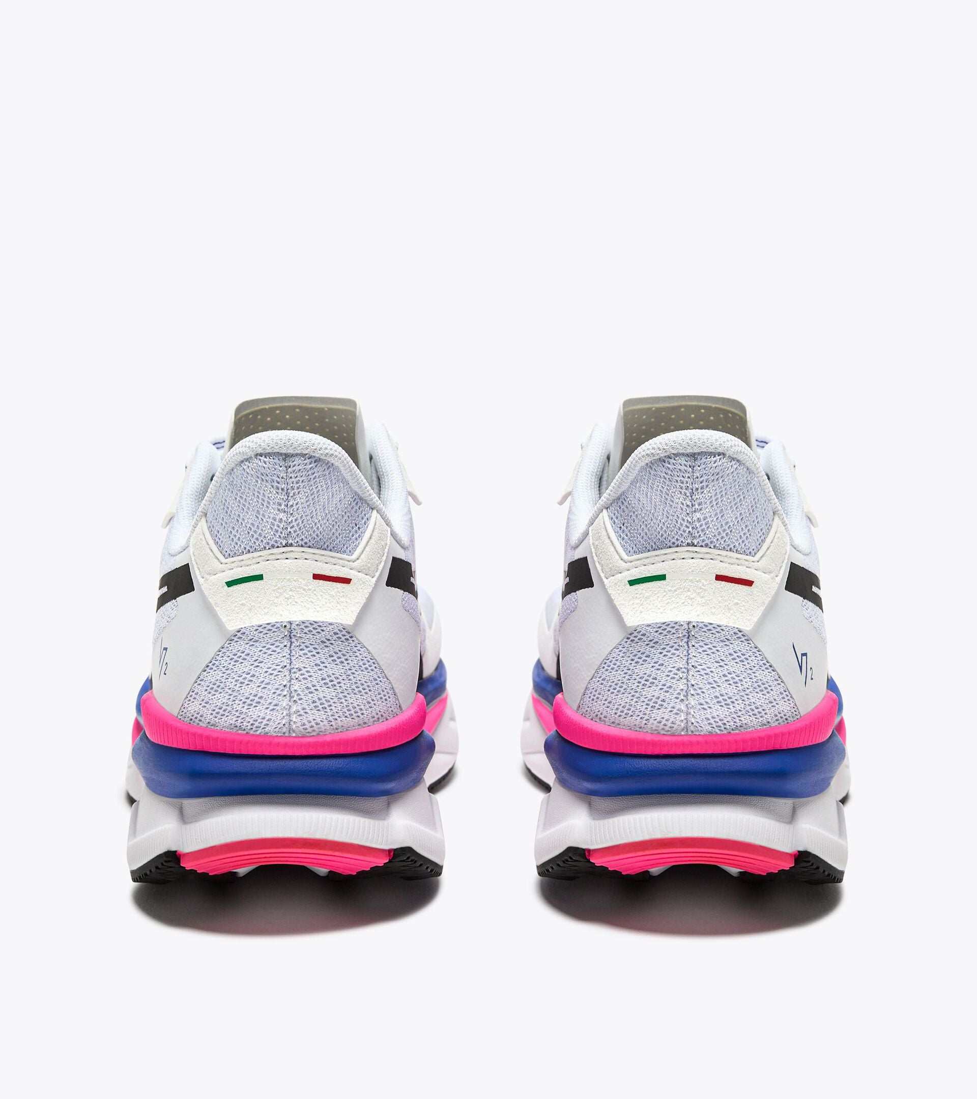 ATOMO V7000-2 running shoes, rear view, showcasing vibrant color accents and Made in Italy design.