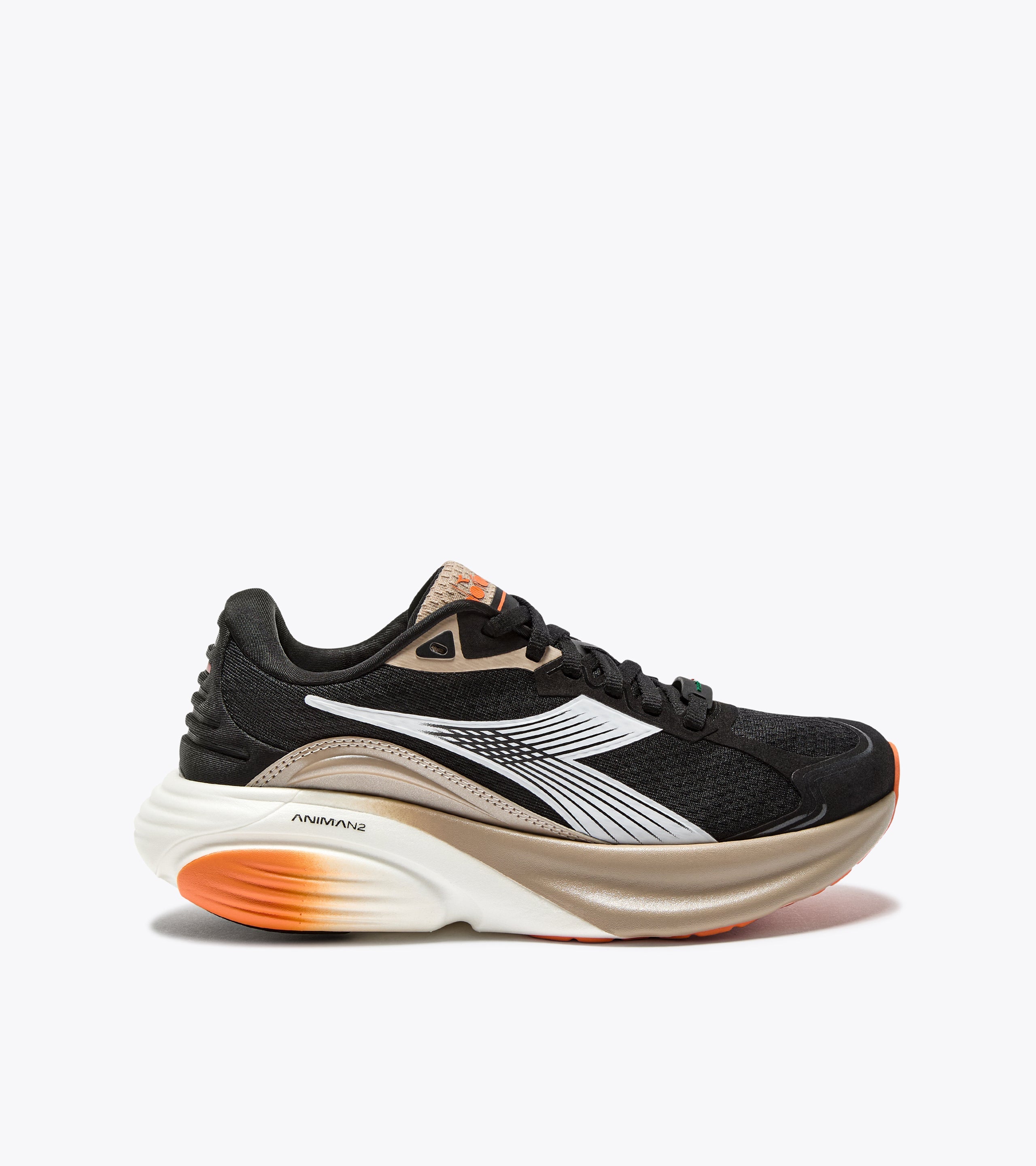 Diadora Atomo Star - Black running shoe with double-layer nylon air mesh and Anima N2 supercritical foam midsole.