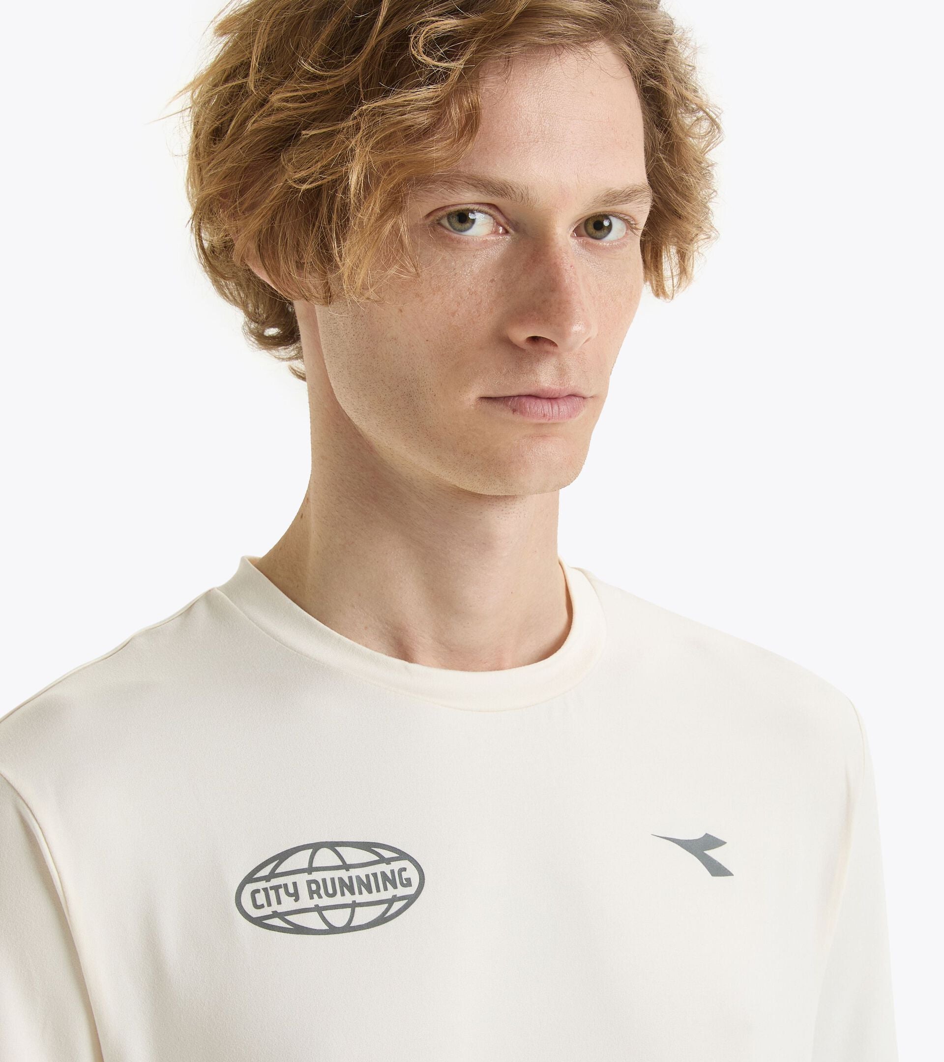 Unisex short sleeve training T-shirt in white with logos, featuring round neck and soft, stretchy polyester fabric.