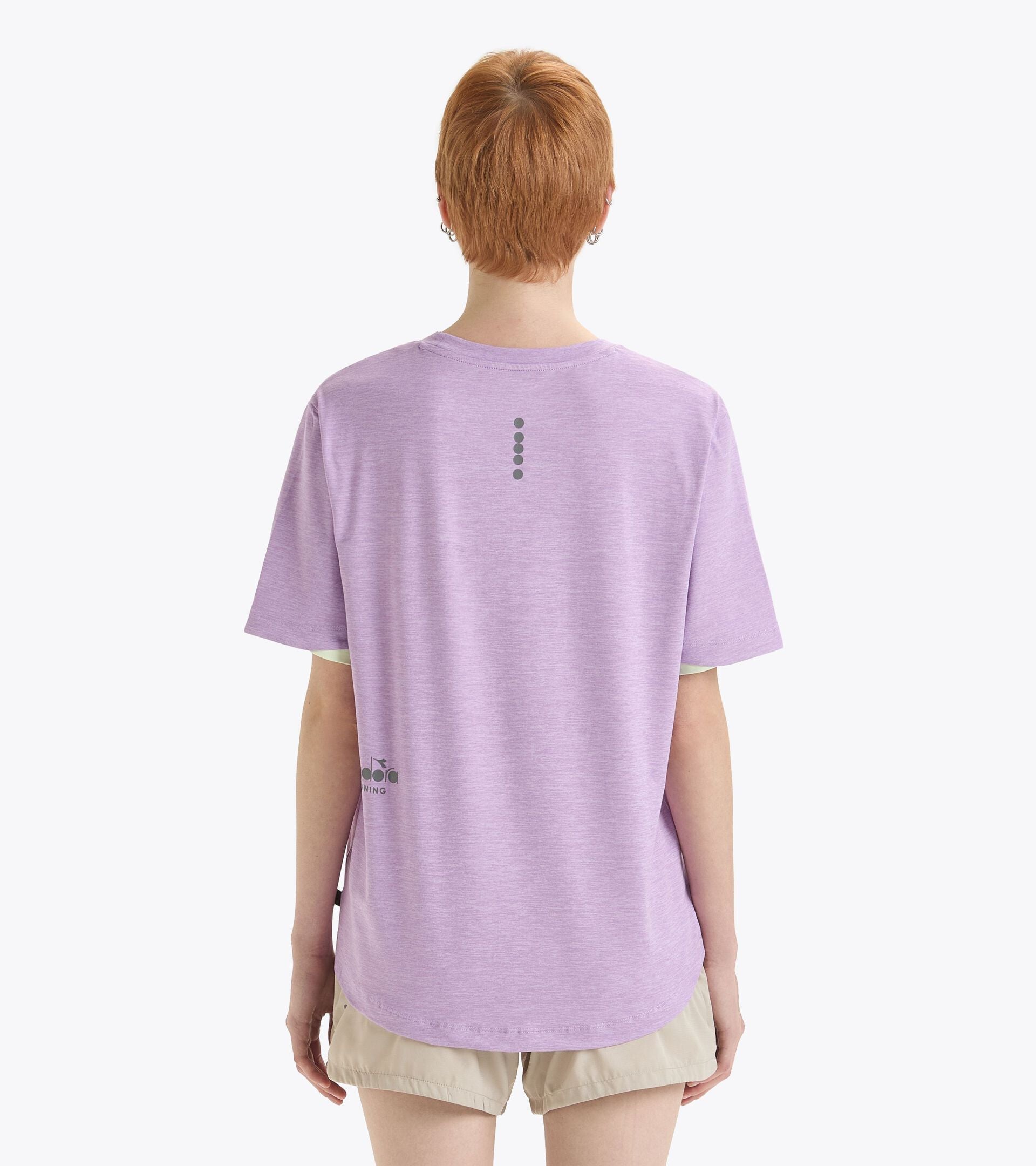 Unisex purple short sleeve training T-shirt, round neck, back view.