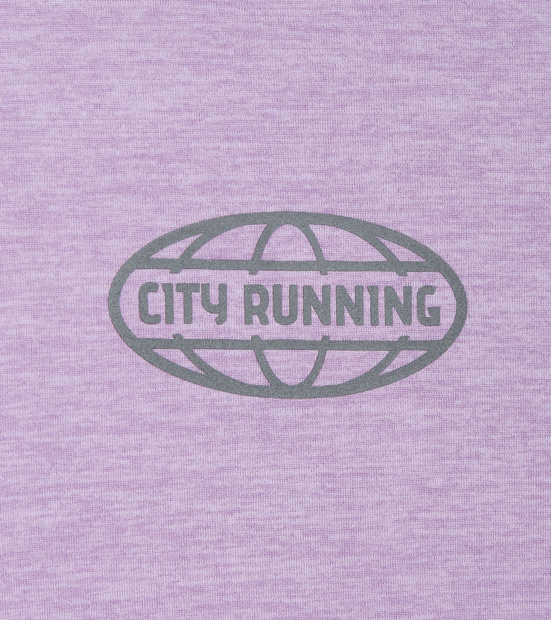 Unisex short sleeve training T-shirt, Mill City purple, with "City Running" logo.