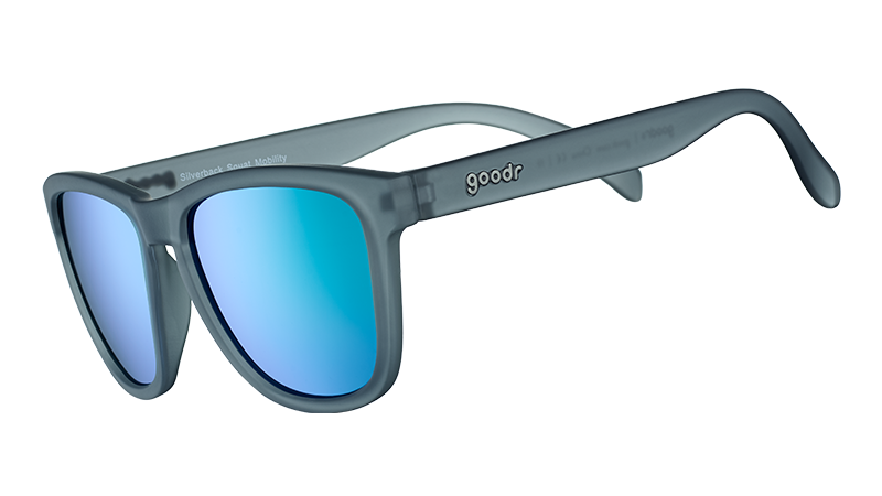 Silverback Squat Mobility sunglasses with blue lenses and gray frame.