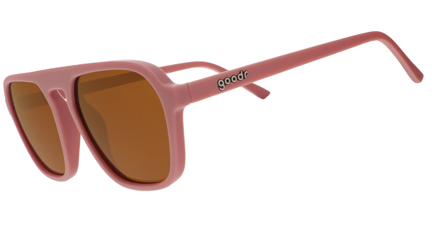 Pink Goodr sunglasses with brown lenses, titled "Threaten Me With a Good Time".