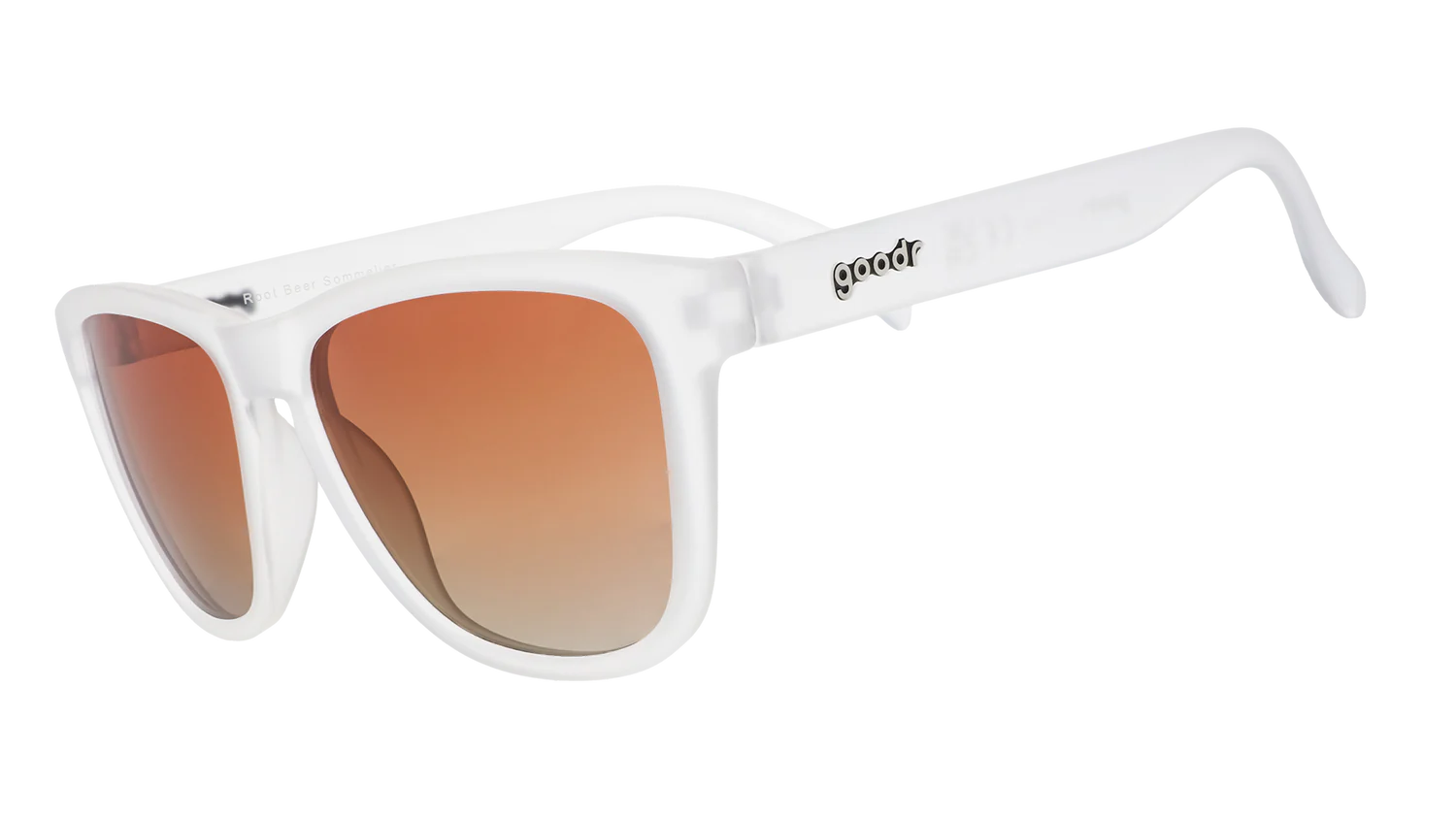 White sunglasses with orange lenses, branded for "Root Beer Sommelier".