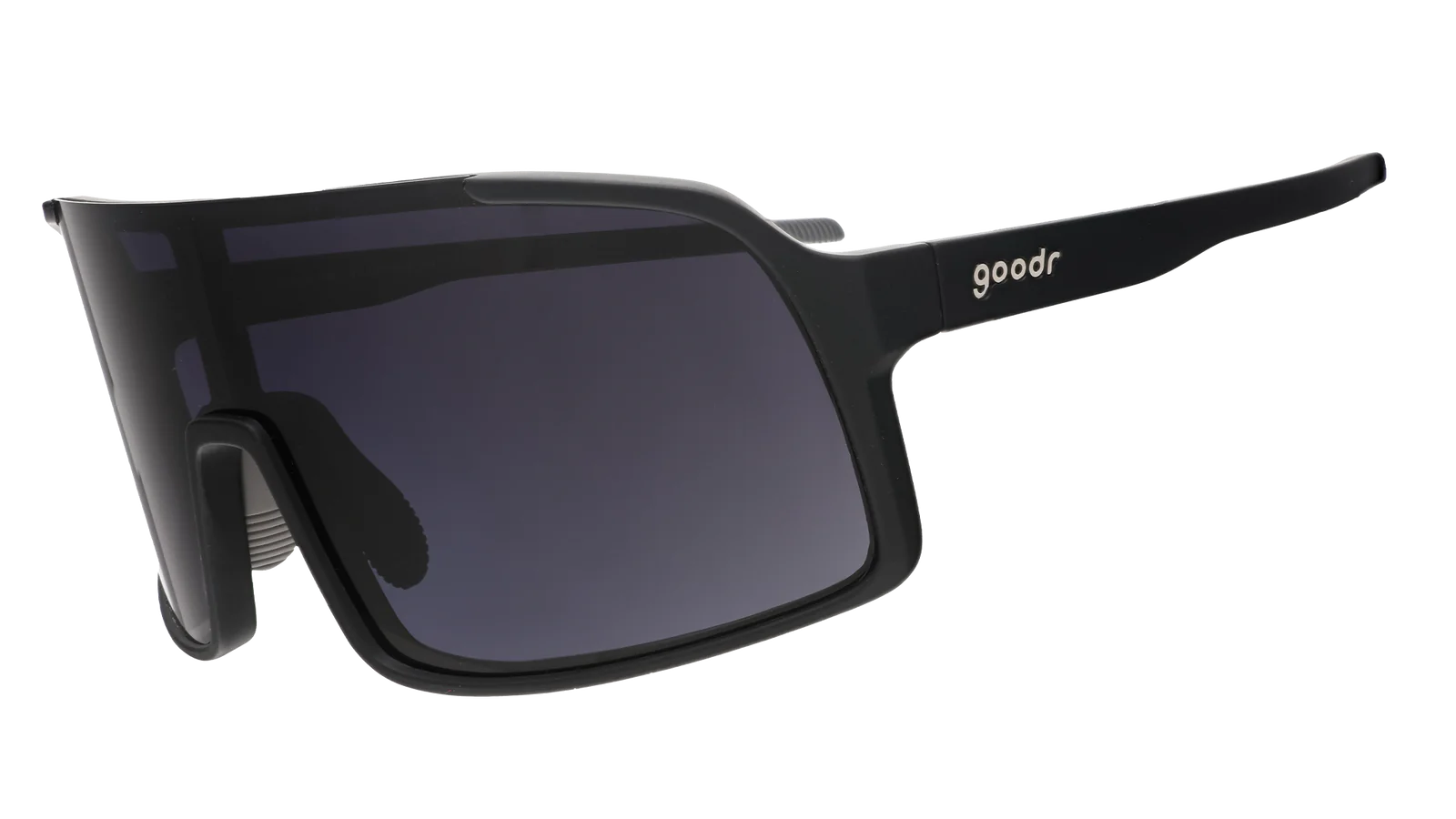 Black shield sunglasses with black gradient lenses and wider fit.