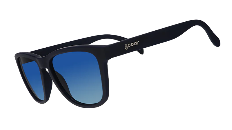 Black sunglasses with blue lenses, branded "goodr" on the temple.