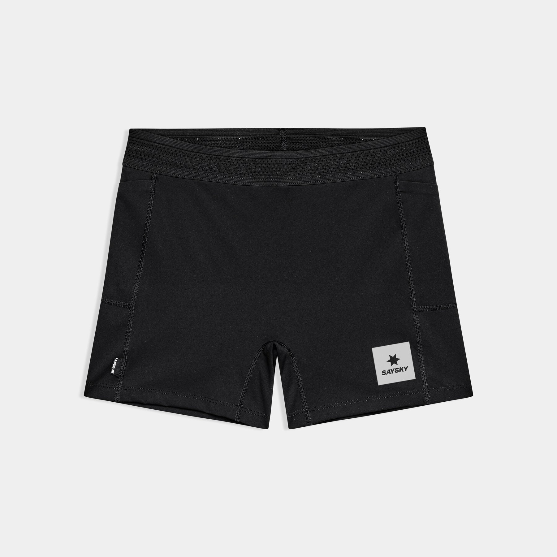 Flow+ Race Short Tights in black with jacquard waistband, reflective logos, three pockets, and stretchy breathable fabric.