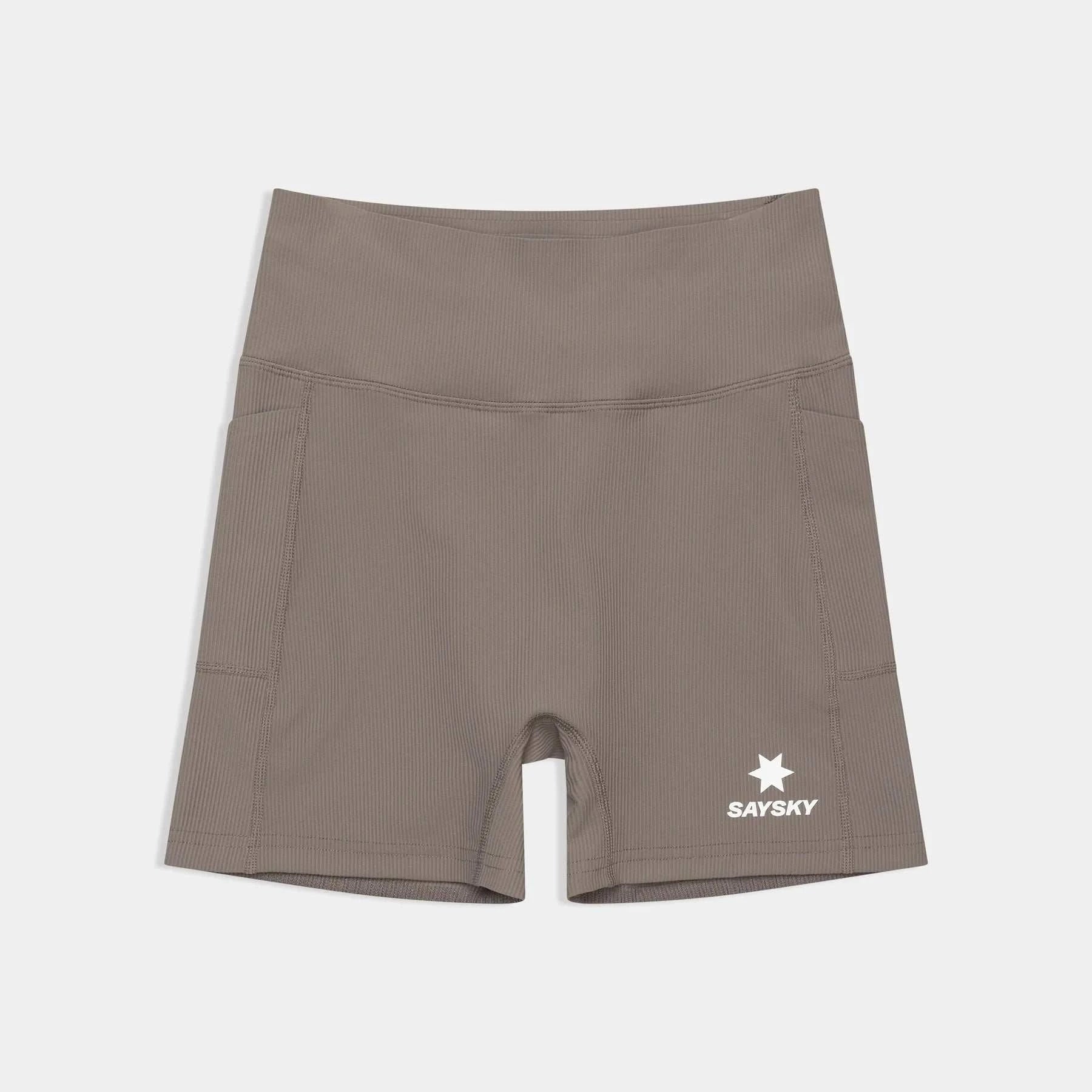 Combat+ Rib Short Tights in taupe ribbed fabric with high waist, side pockets, seamless front, and SAYSKY logo on leg