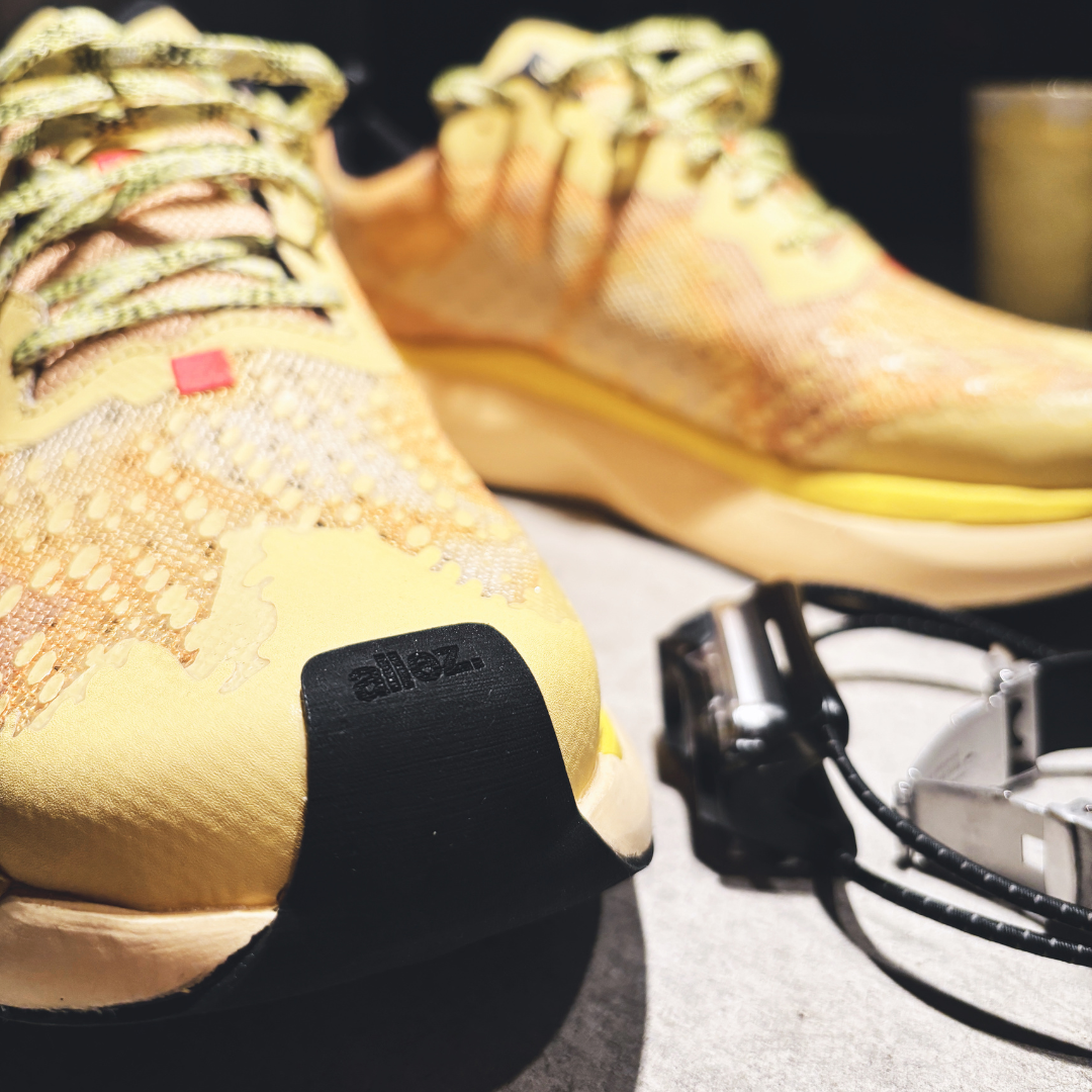 Yellow personality running shoe with grip outsole and breathable upper, ideal for fast training.