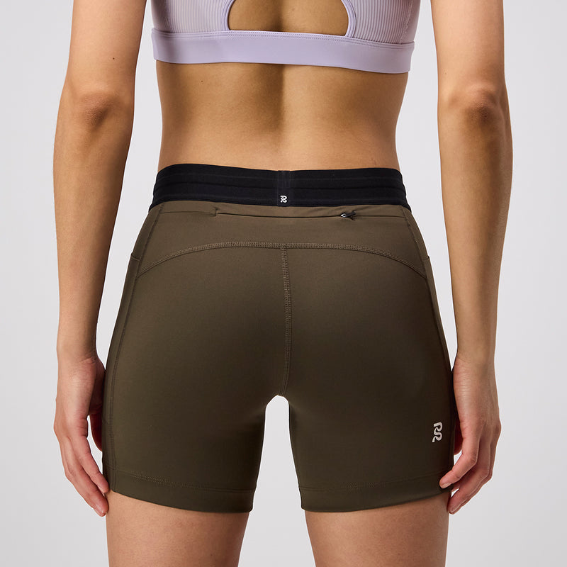 Stamina™ 5" Women's Compression Shorts in Dark Fatigue, showcasing side pockets, matte fabric, and custom waistband.