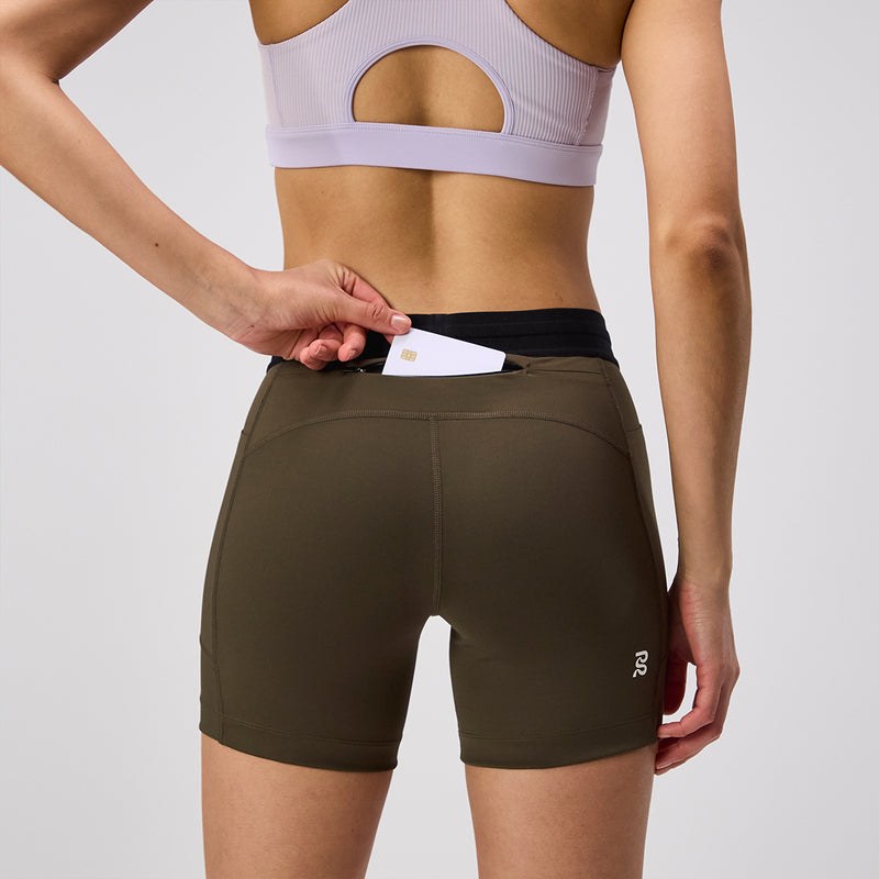 Stamina™ 5" Women's Compression Shorts in Dark Fatigue with pockets and Italian grip tape.