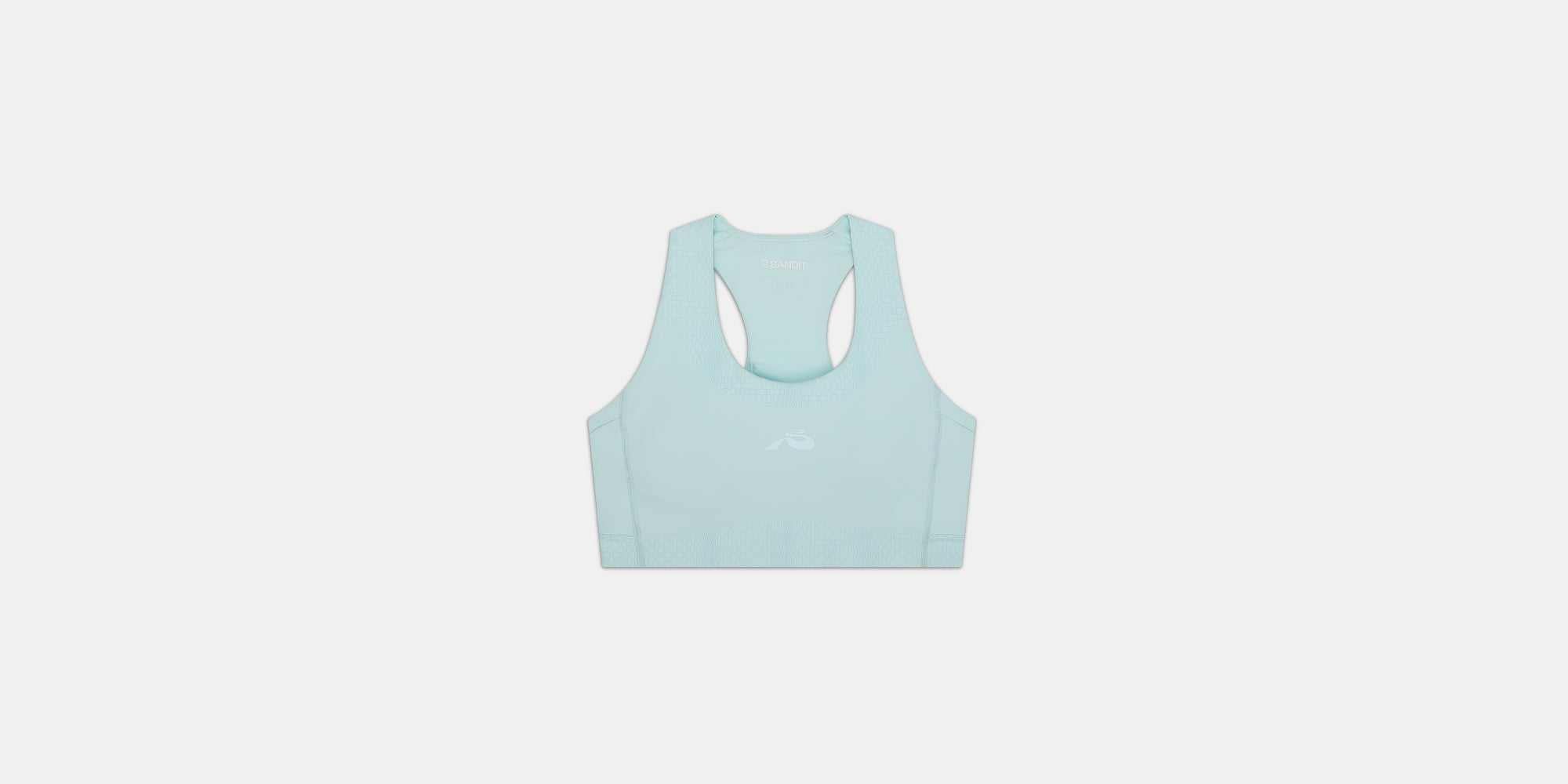 Stamina™ Scoop Neck Run Bra in Minty Blue, featuring Stamina™ fabric, scoop neck design, double-layer matte finish, pockets, and reflective accents.