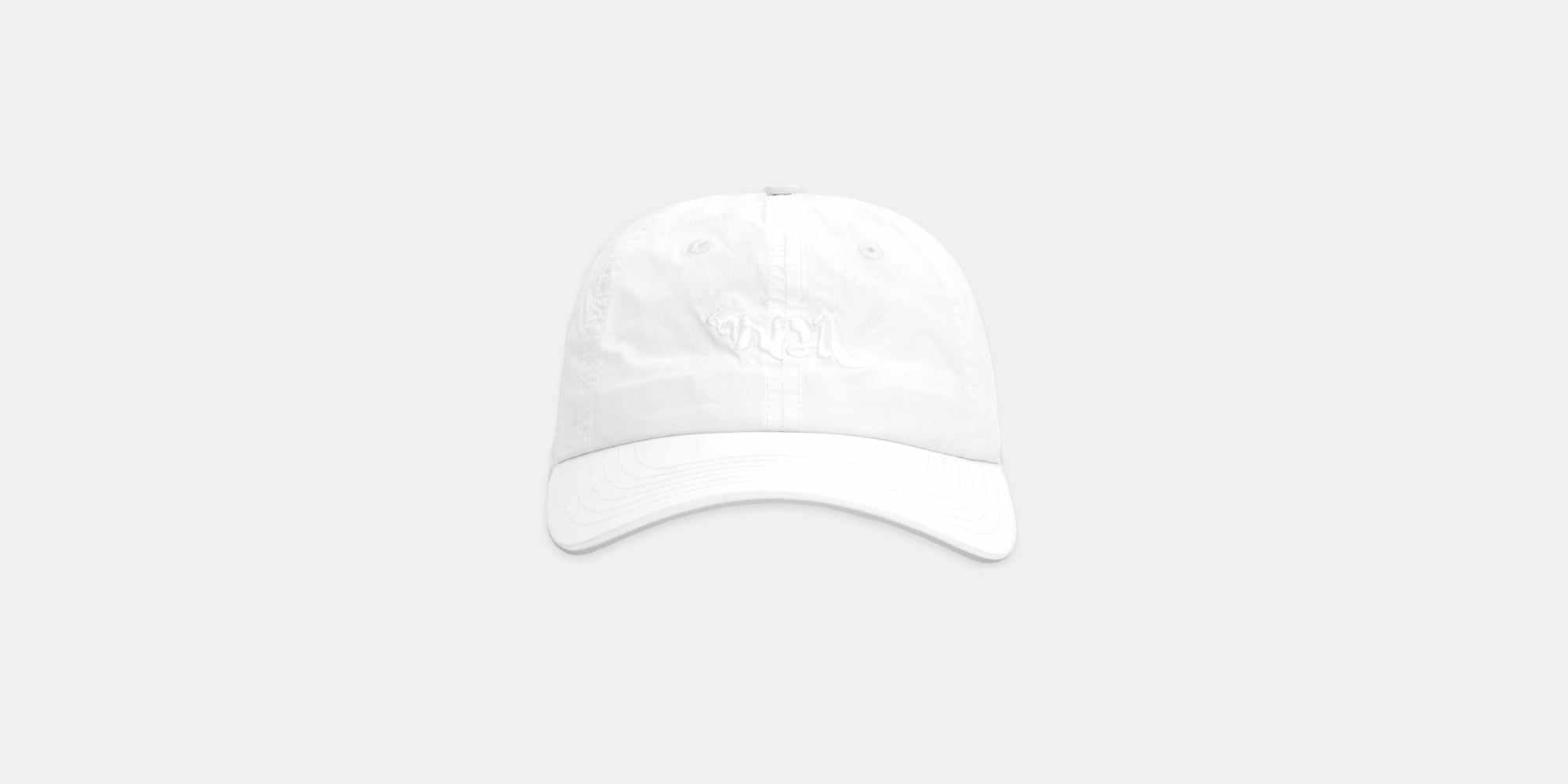 White Embroidered Bandit Nylon Dad Hat with reflective logo, sweat-wicking nylon fabric, and adjustable buckle.
