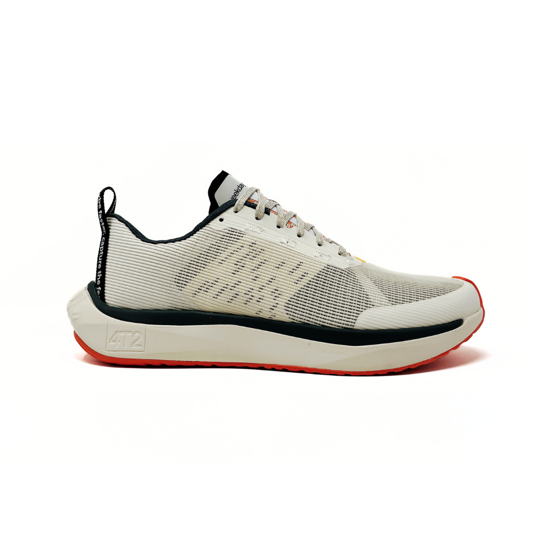 Gender-neutral running shoe in vintage white, designed for stability and natural foot motion.