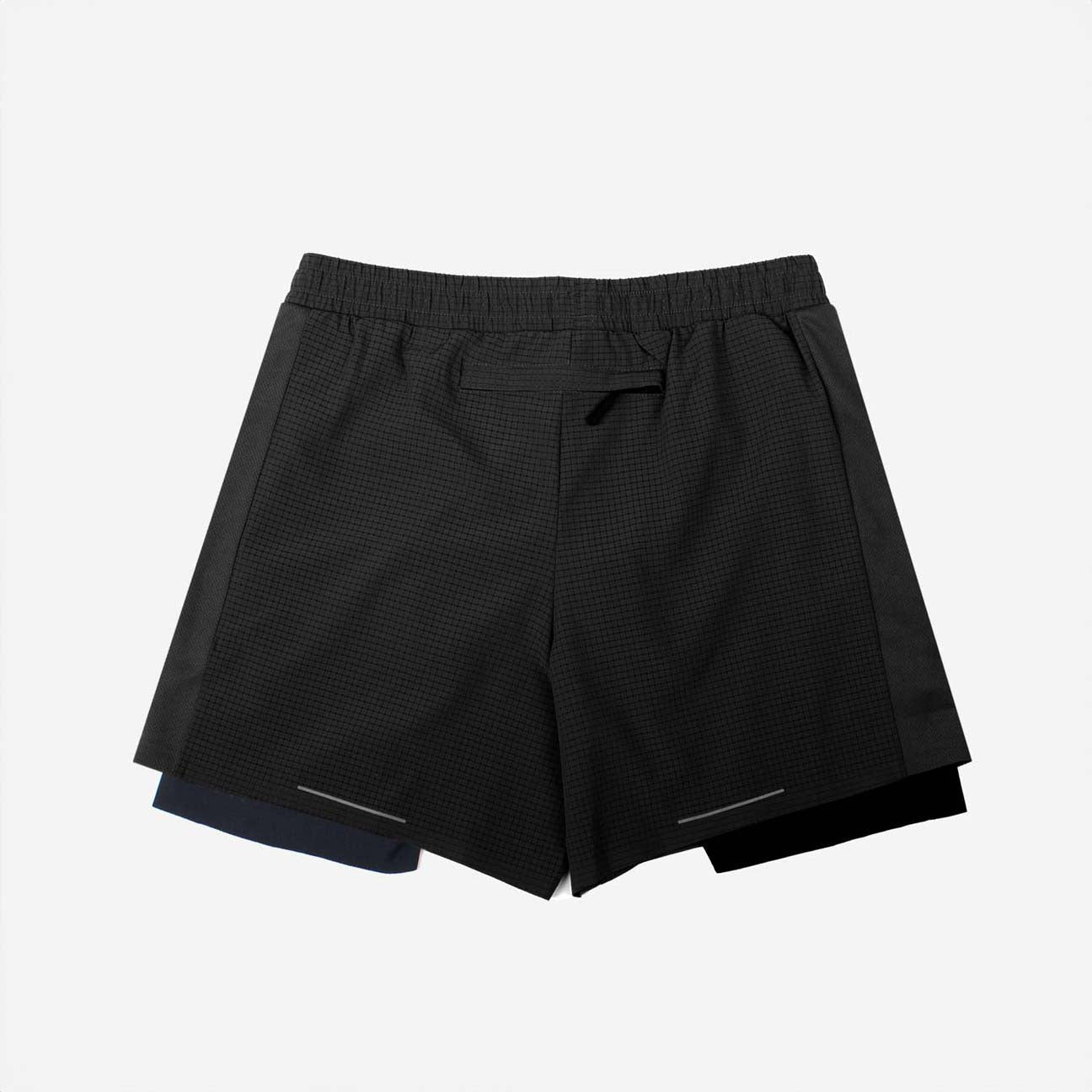 Black 2-in-1 running shorts with tight fit, moisture-wicking, and antibacterial features, made from recycled materials with 3M reflective details.
