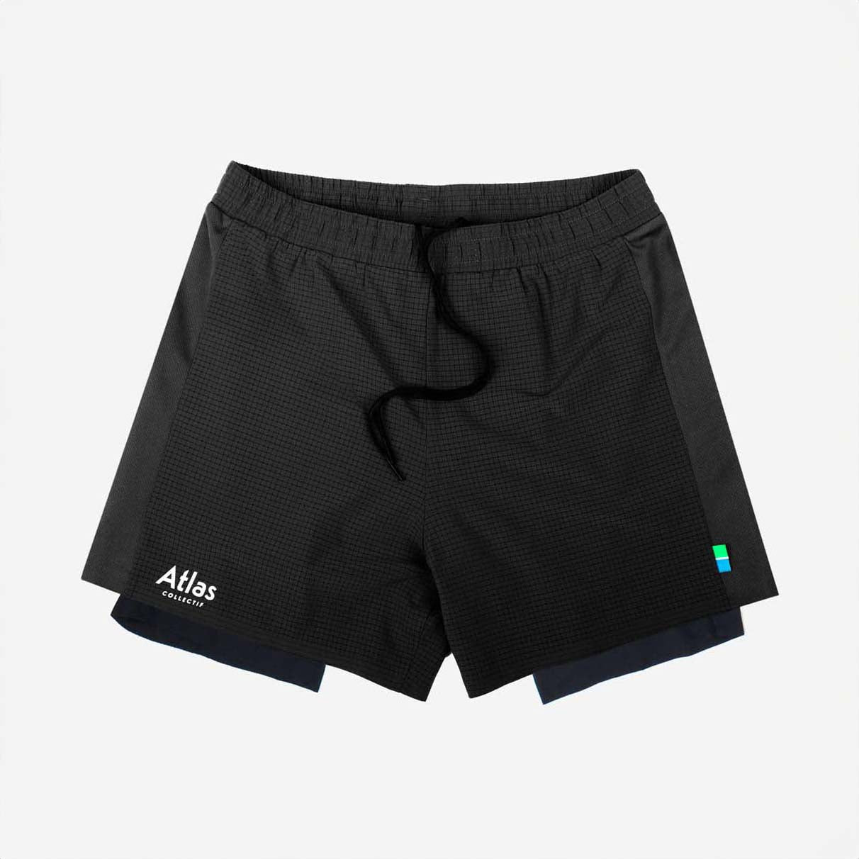 Black 2 in 1 running shorts with tight fit, recycled material, moisture-wicking, quick-drying, odor-resistant, antibacterial properties, and reflective detailing.