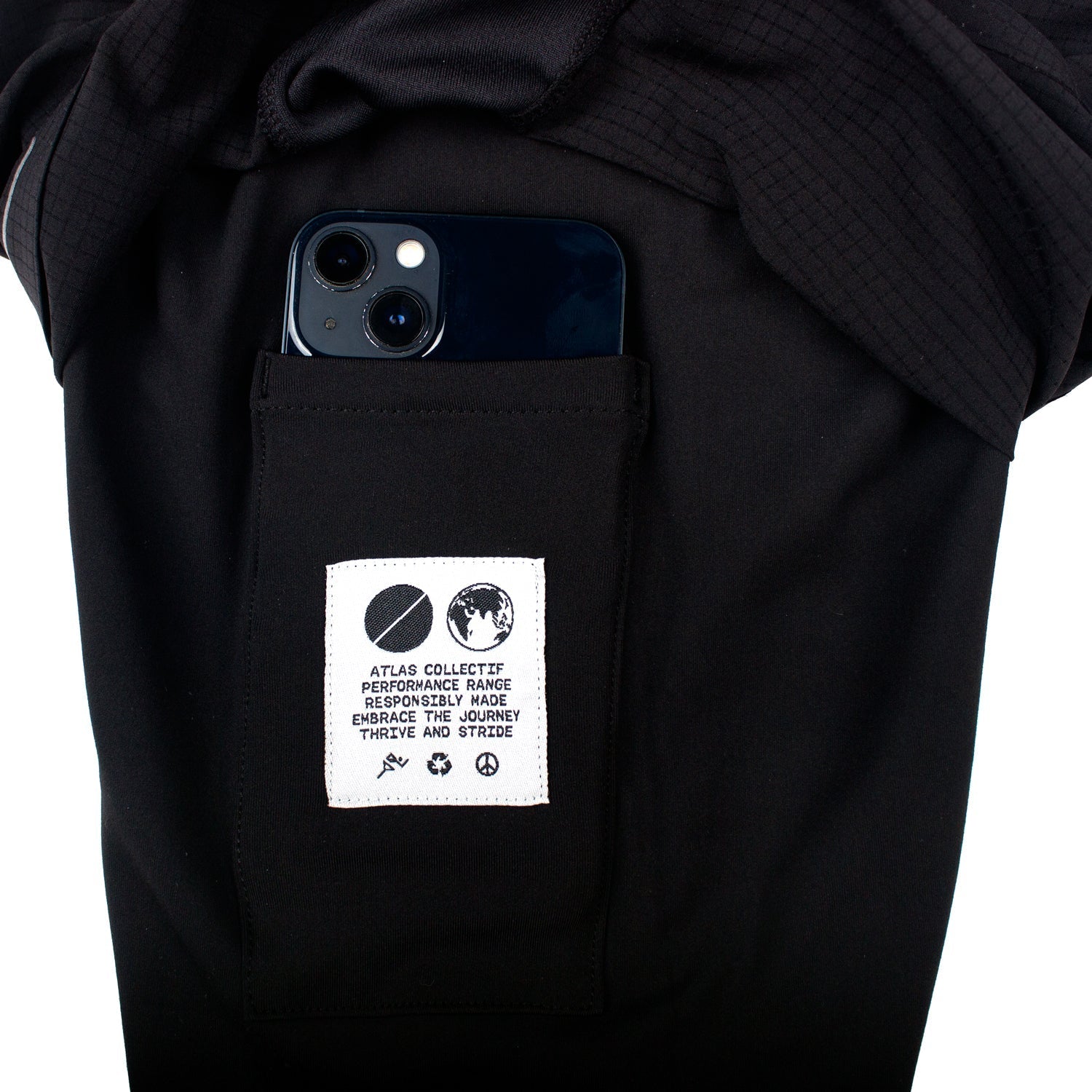 Black tight fit 2-in-1 running shorts with phone pocket, recycled material, moisture-wicking, quick dry.