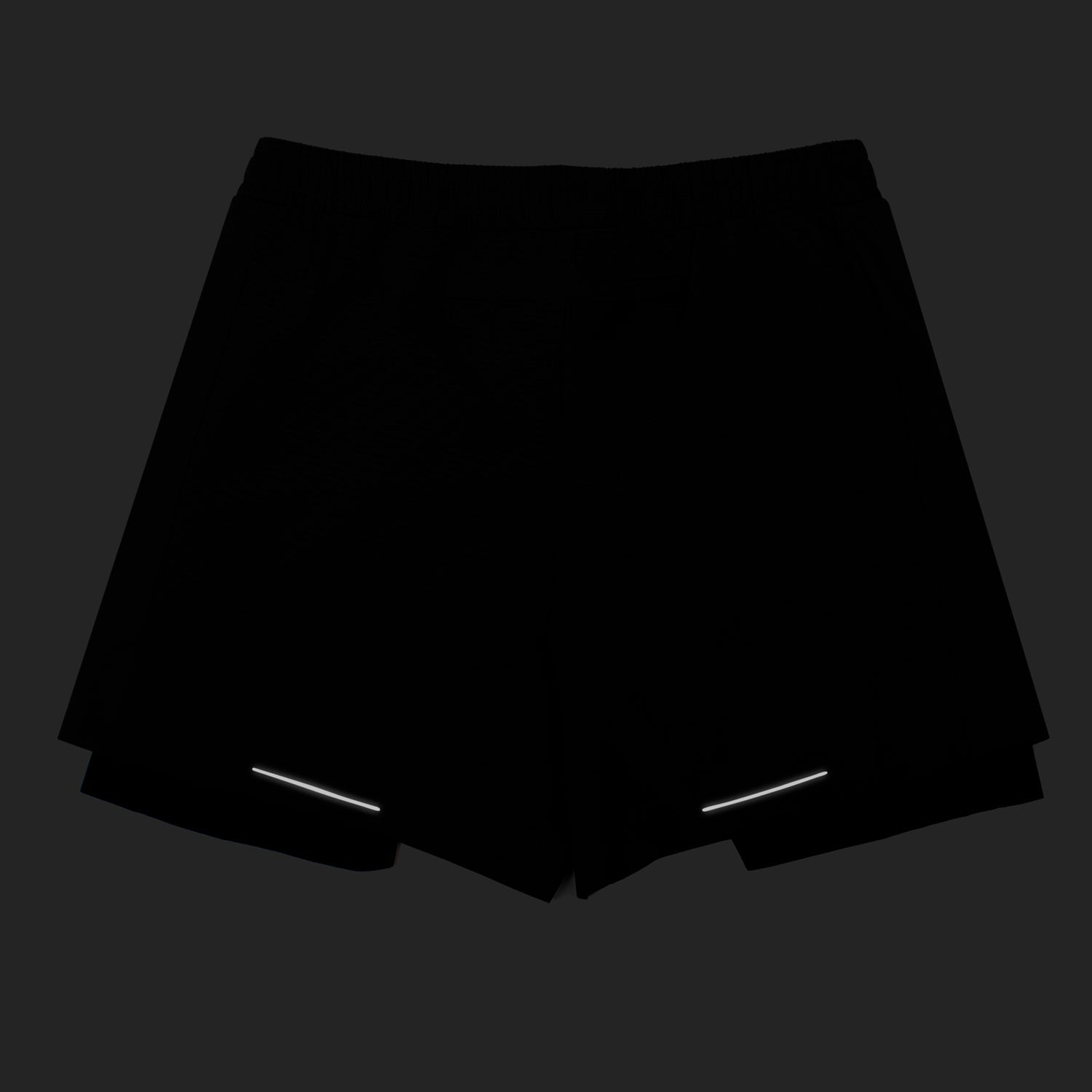 Black performance 2 in 1 running shorts, tight fit, made from recycled plastic with moisture-wicking, quick-drying, and antibacterial properties.