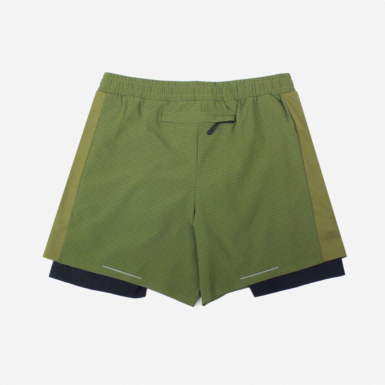 Olive green 2-in-1 running shorts with tight fit, recycled material, moisture-wicking, and antibacterial properties.