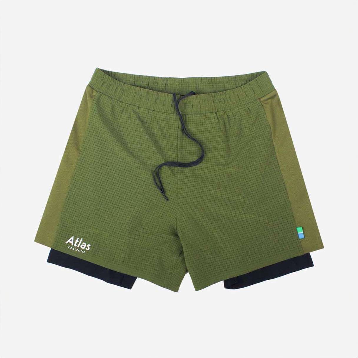 Olive green 2-in-1 running shorts with tight fit, recycled fabric, moisture-wicking, and quick-dry features.