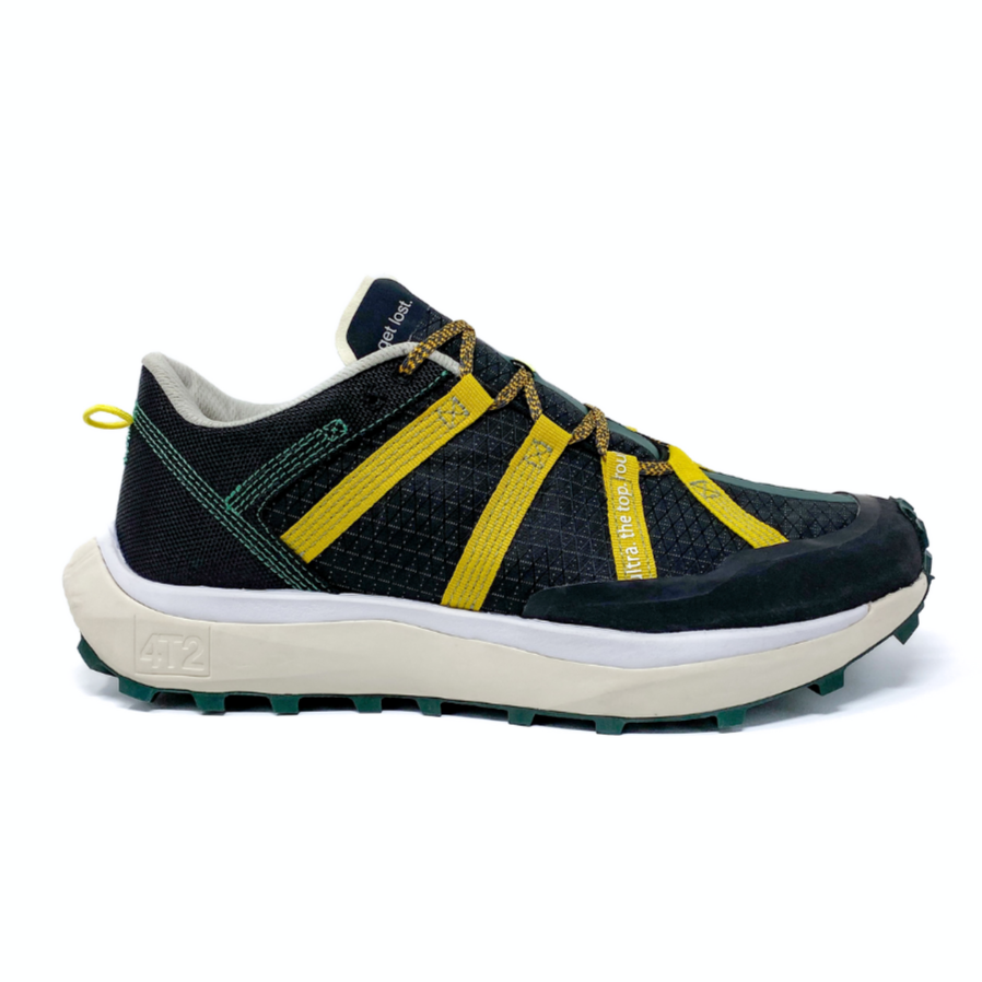 Trail running shoe "Get Lost" with black, yellow accents; Vibram Litebase/Megagrip outsole.