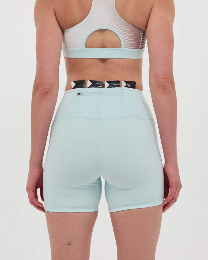 Minty blue high waist 5" compression shorts with pockets and grip.