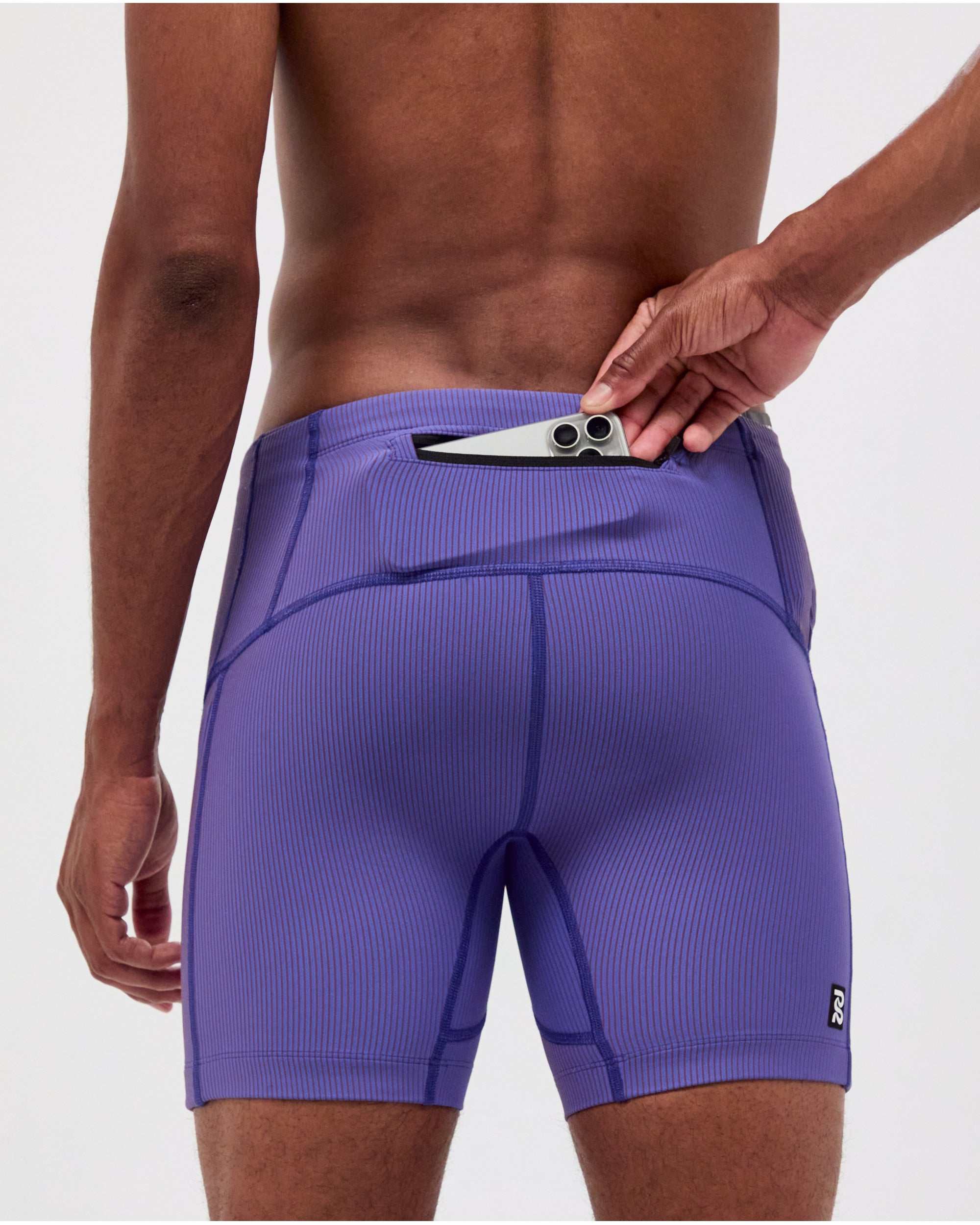 Striped Cadence™ 7 Pocket Quarter Tights - Deep Peri Blue with Rust