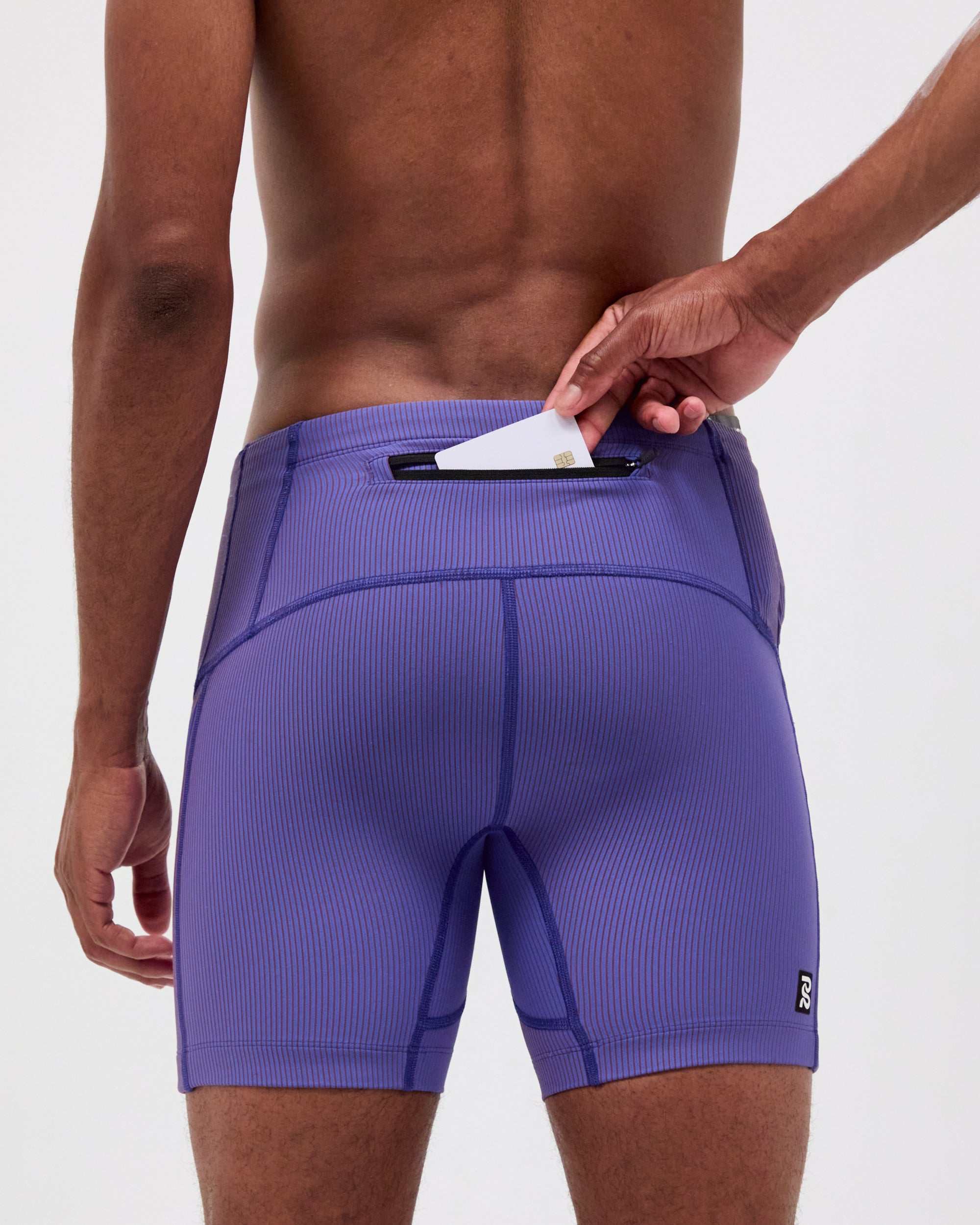 Striped Cadence™ 7 Pocket Quarter Tights - Deep Peri Blue with Rust