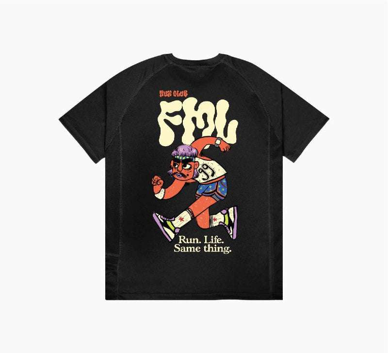 FML - Core Running Tee in black with graphic design, athletic fit, recycled material.