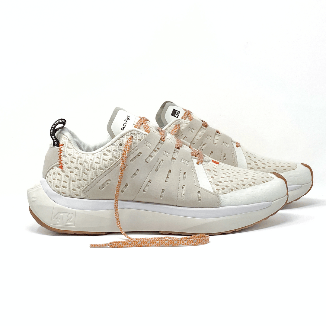 Sundays vintage white running shoes with breathable mesh and suede accents.