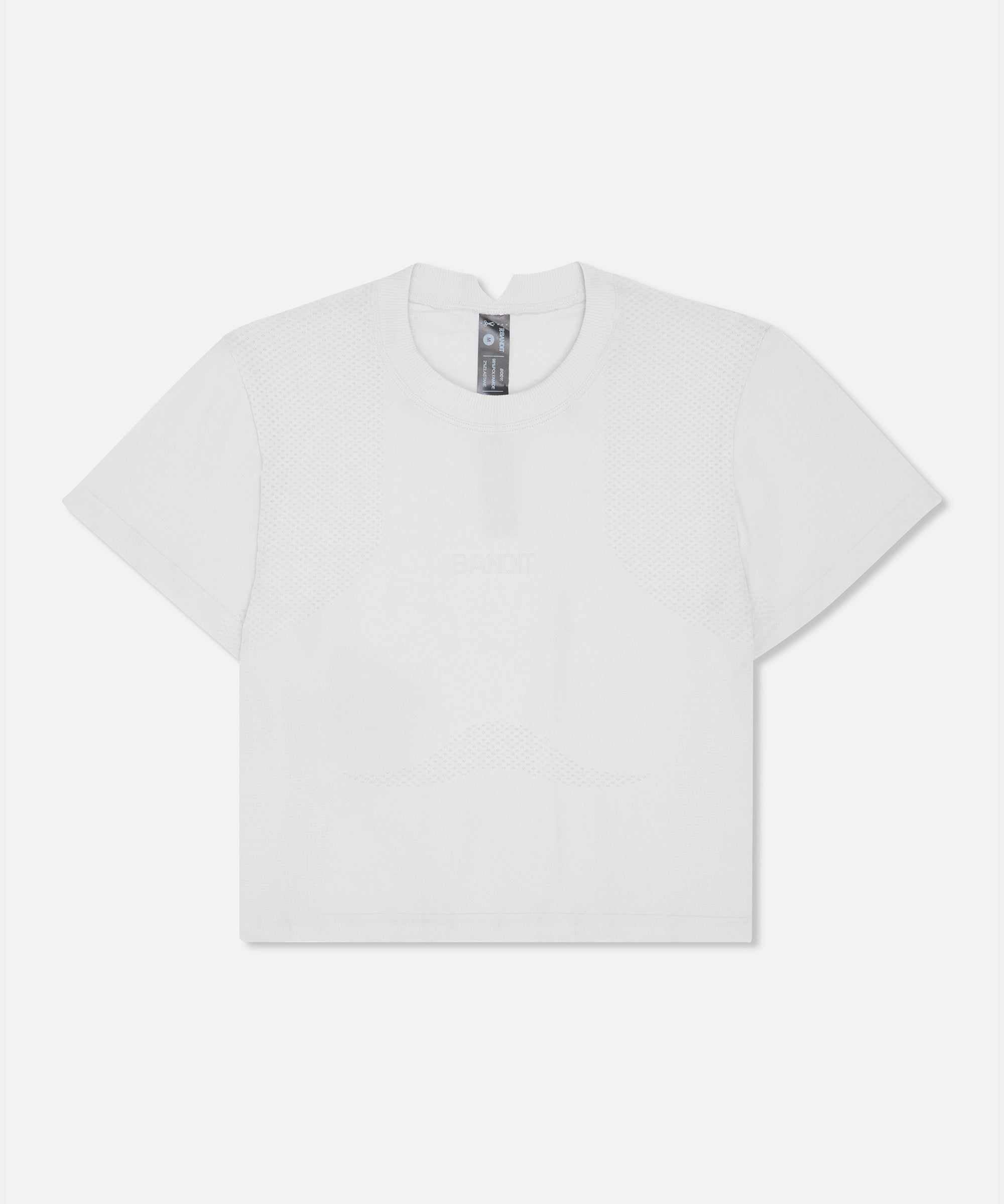 Women's white Mercury Seamless™ crop tee with sweat-wicking and anti-microbial fabric.