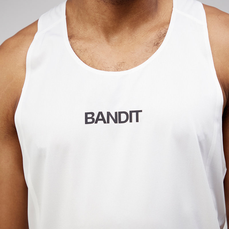White Drift™ Racing Singlet with narrow straps and racerback, featuring reflective graphics and anti-chafing fabric.