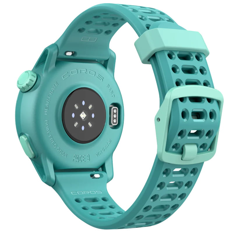 COROS PACE 3 watch back view in emerald green with silicone strap.