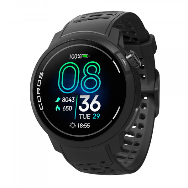 Black COROS PACE Pro GPS sports watch with AMOLED display and dual GPS features.