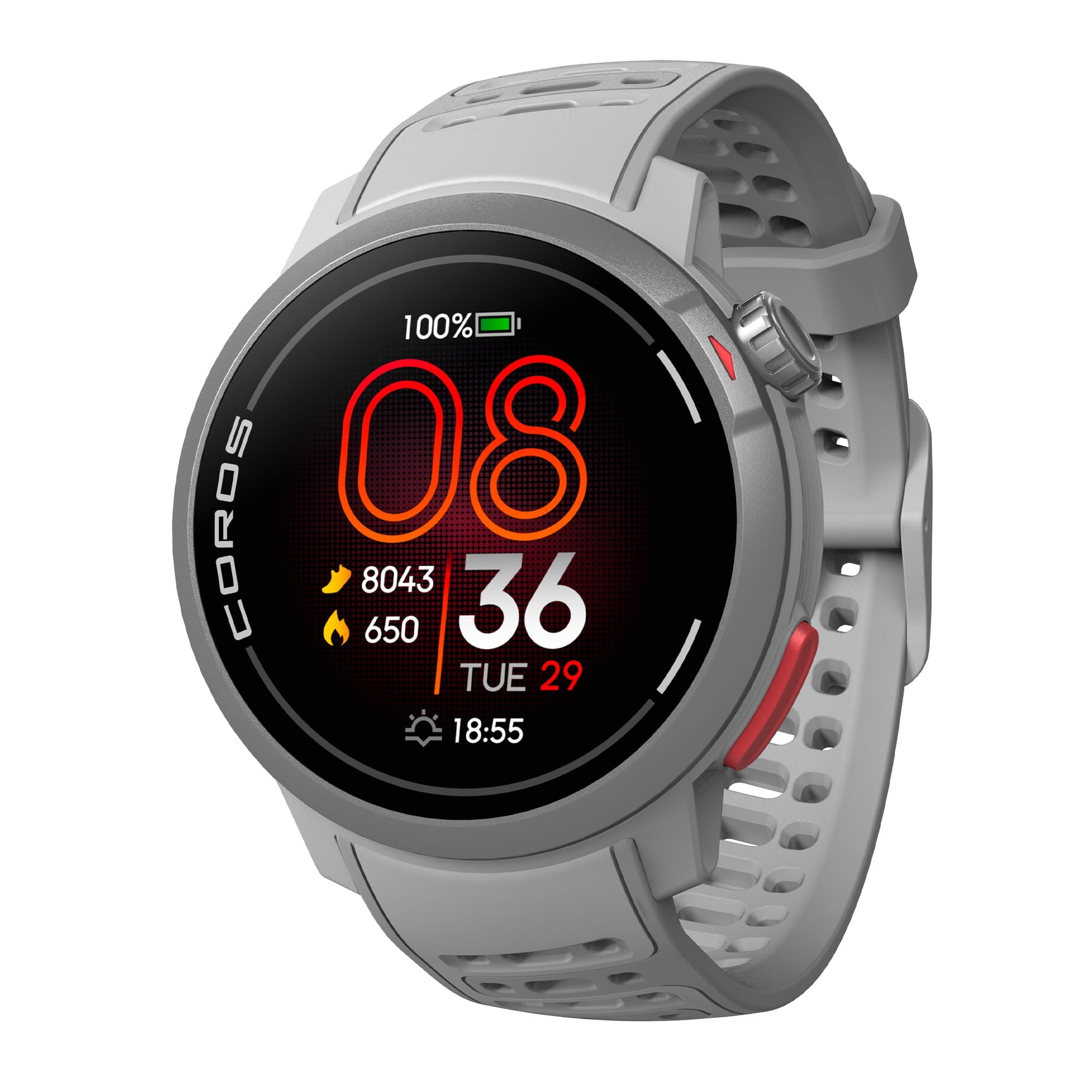 Grey COROS PACE Pro GPS sports watch with AMOLED display and dual GPS features.