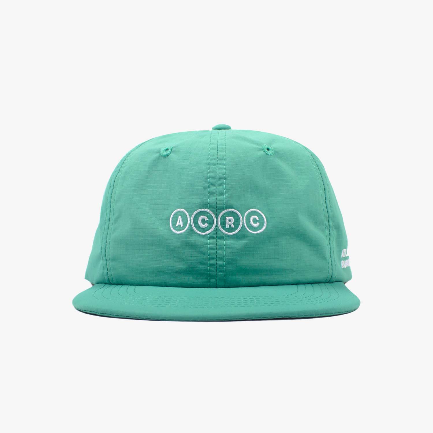 Teal ACRC 6P Running Cap made from ultra-light, breathable recycled polyester with adjustable Velcro strap.