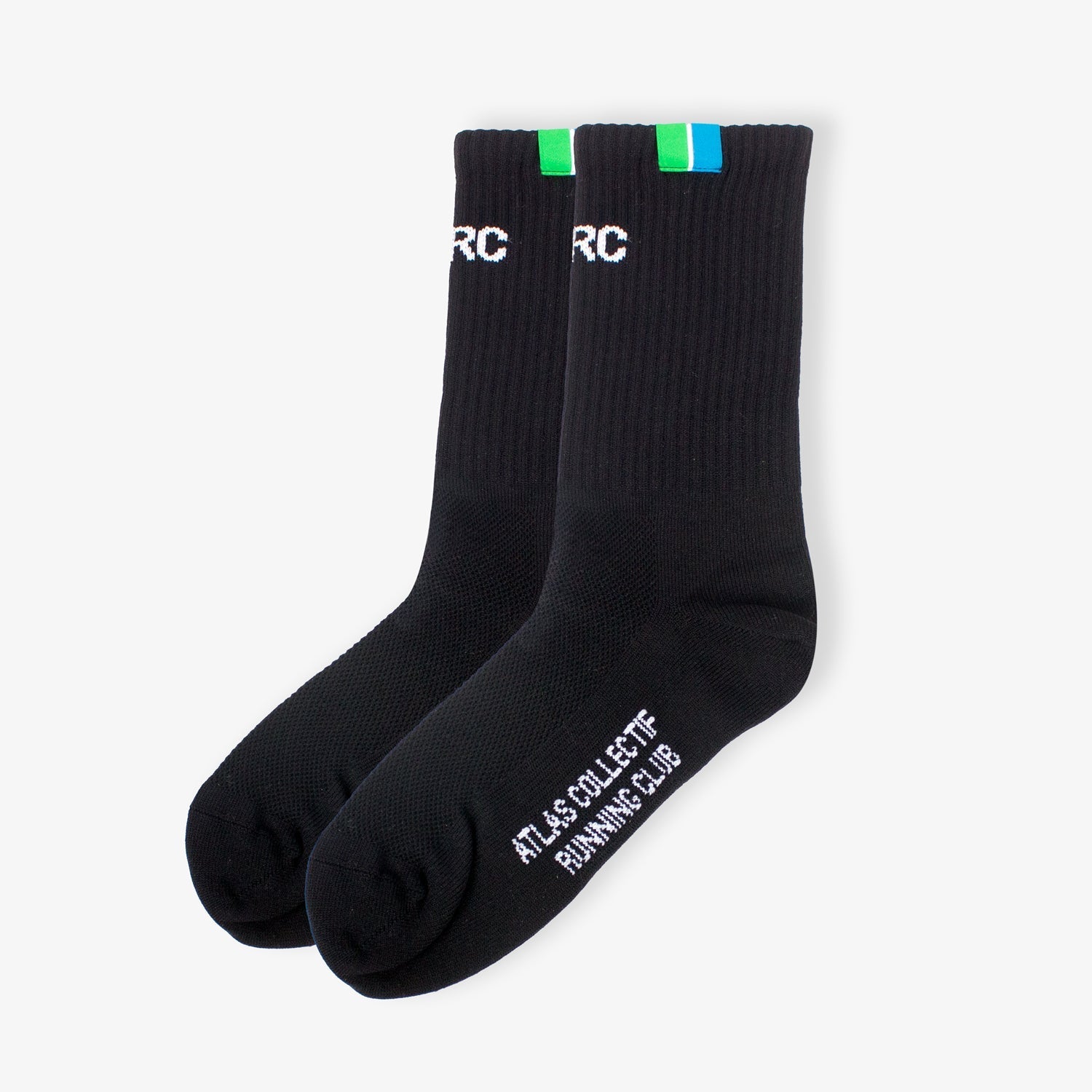 ACRC Minimal Running Socks Black with logo and colored accents, made from recycled nylon and spandex for durability and flexibility.
