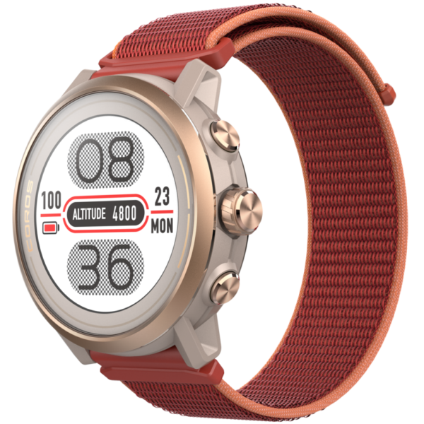 COROS APEX 2 GPS outdoor watch in coral with titanium bezel and sapphire screen.