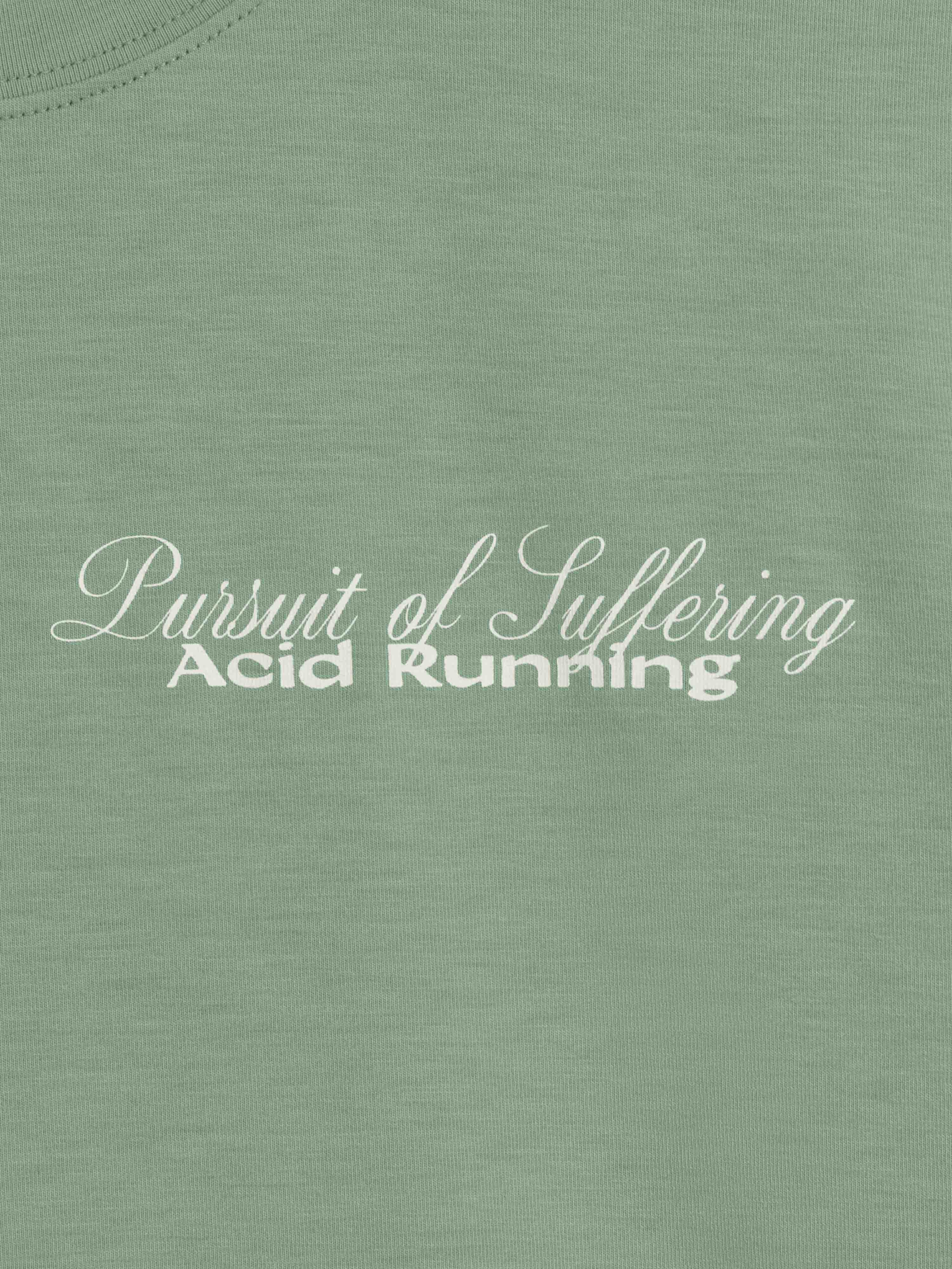 Ultra lightweight Runner's Fate T-Shirt in iced green with off-white print, featuring sweat-wicking and odour-resistant fabric.