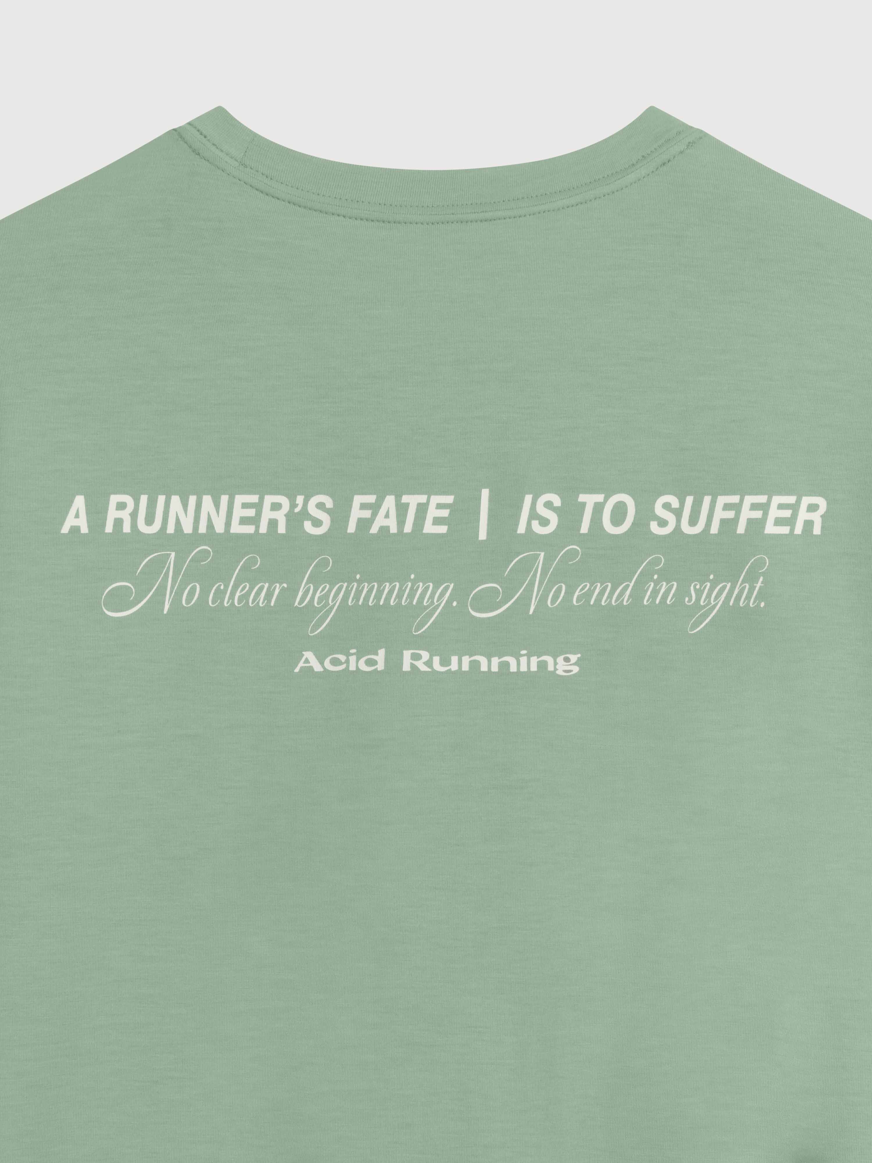 Iced green t-shirt with motivational running quote in off-white print.