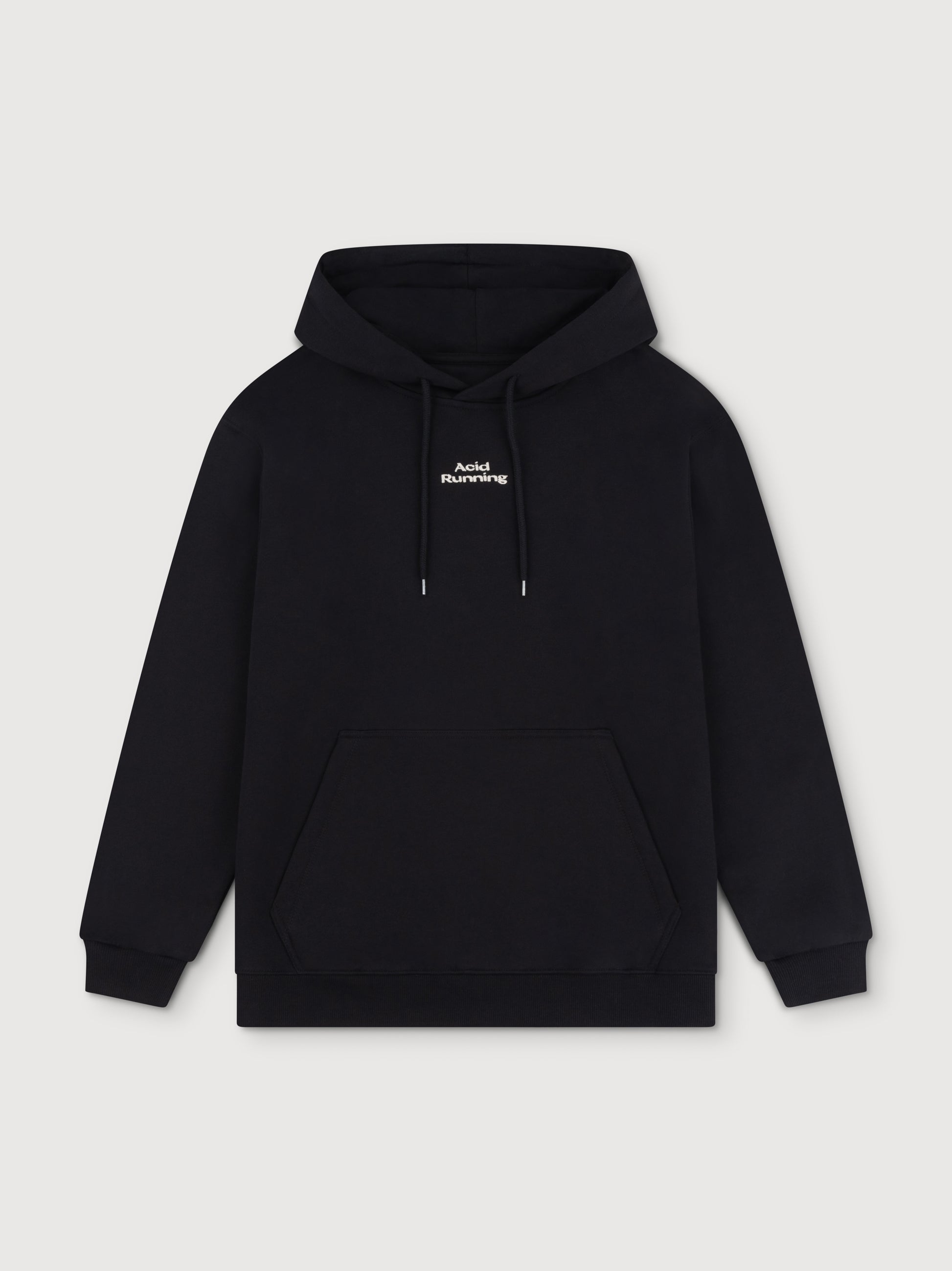 Black logo hoodie with off-white embroidery, made from 100% organic cotton.