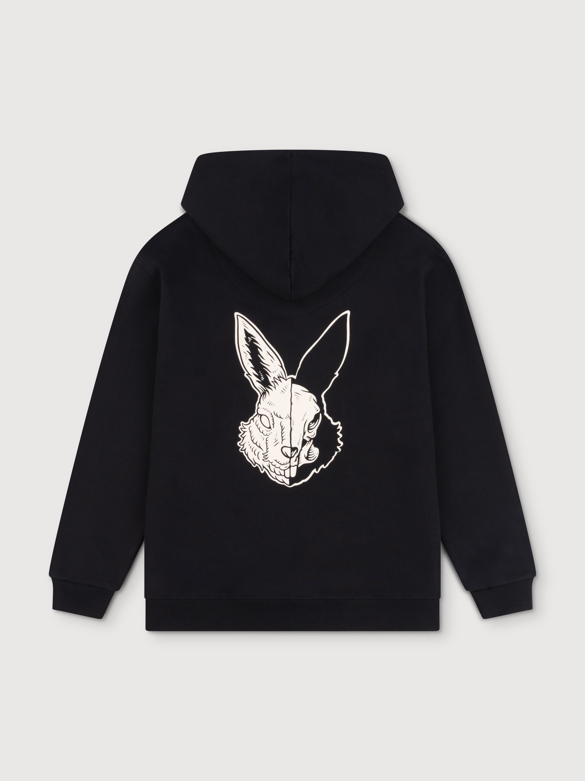 Black hoodie with off-white logo embroidery and acid hare print design. Perfect for warm-ups and rest days, made from 100% organic cotton.