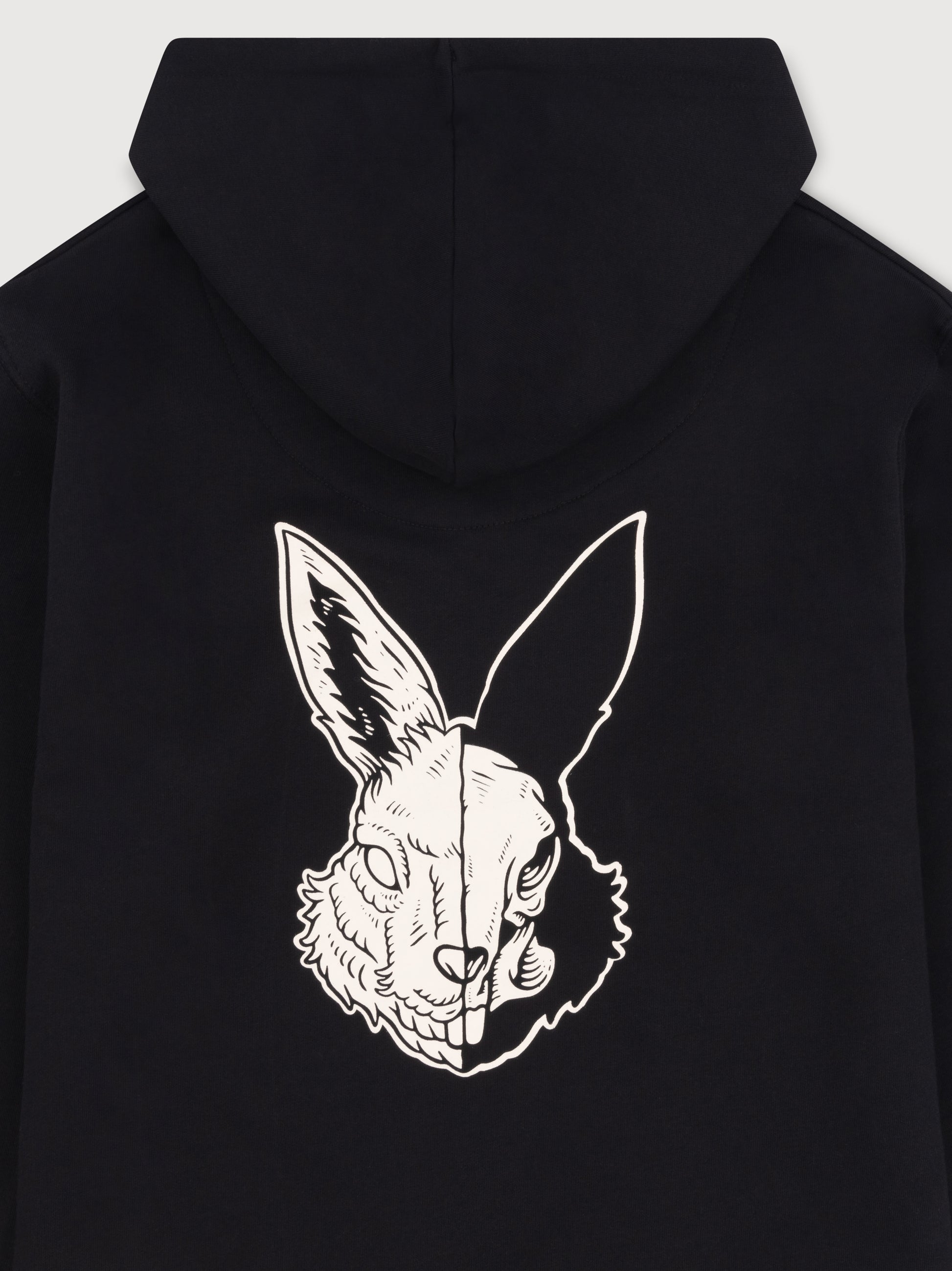 Black logo hoodie with dropped shoulders, off-white embroidery, and acid hare print, made from organic cotton.