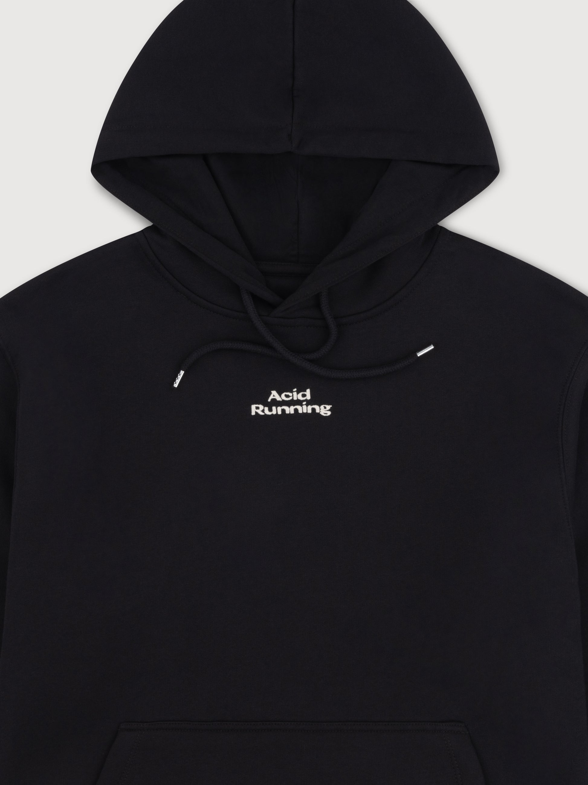 Black logo hoodie with off-white embroidery and acid hare print, made from 100% organic cotton.