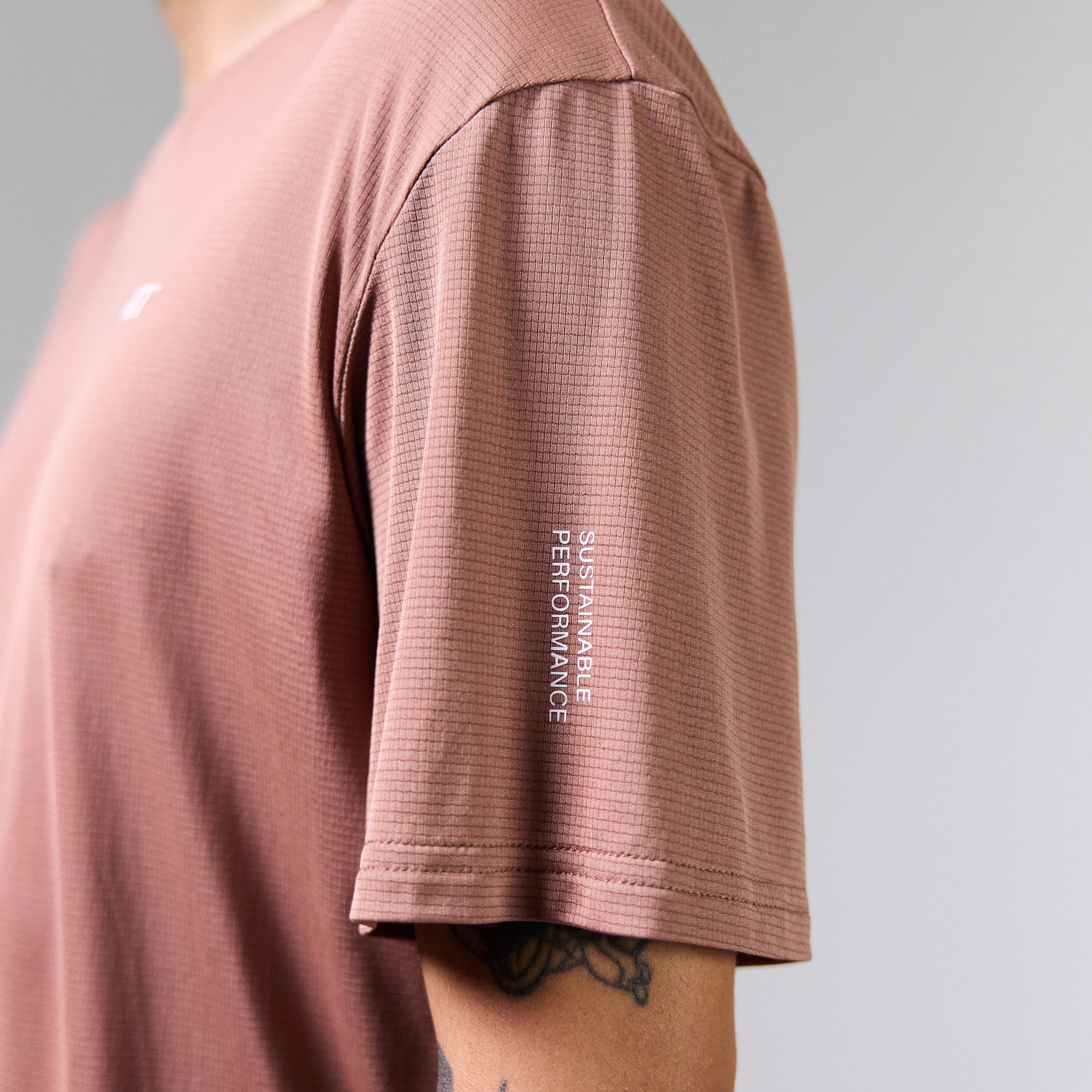 BioPerf Running T-Shirt in terracotta color, lightweight, breathable, plant-based nylon.