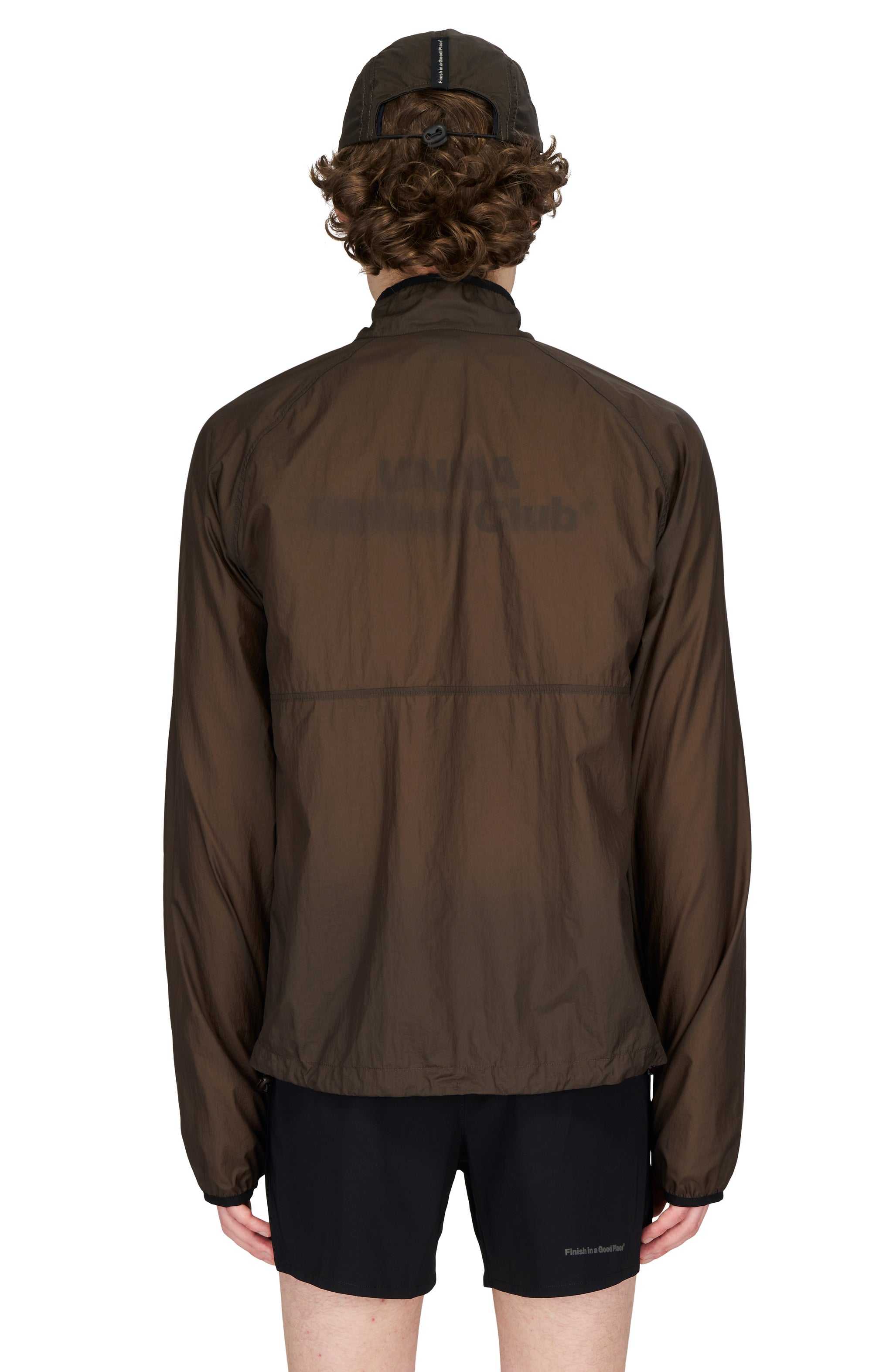 Men's lightweight Wren Brown water repellent running jacket in recycled polyester with UV protection.