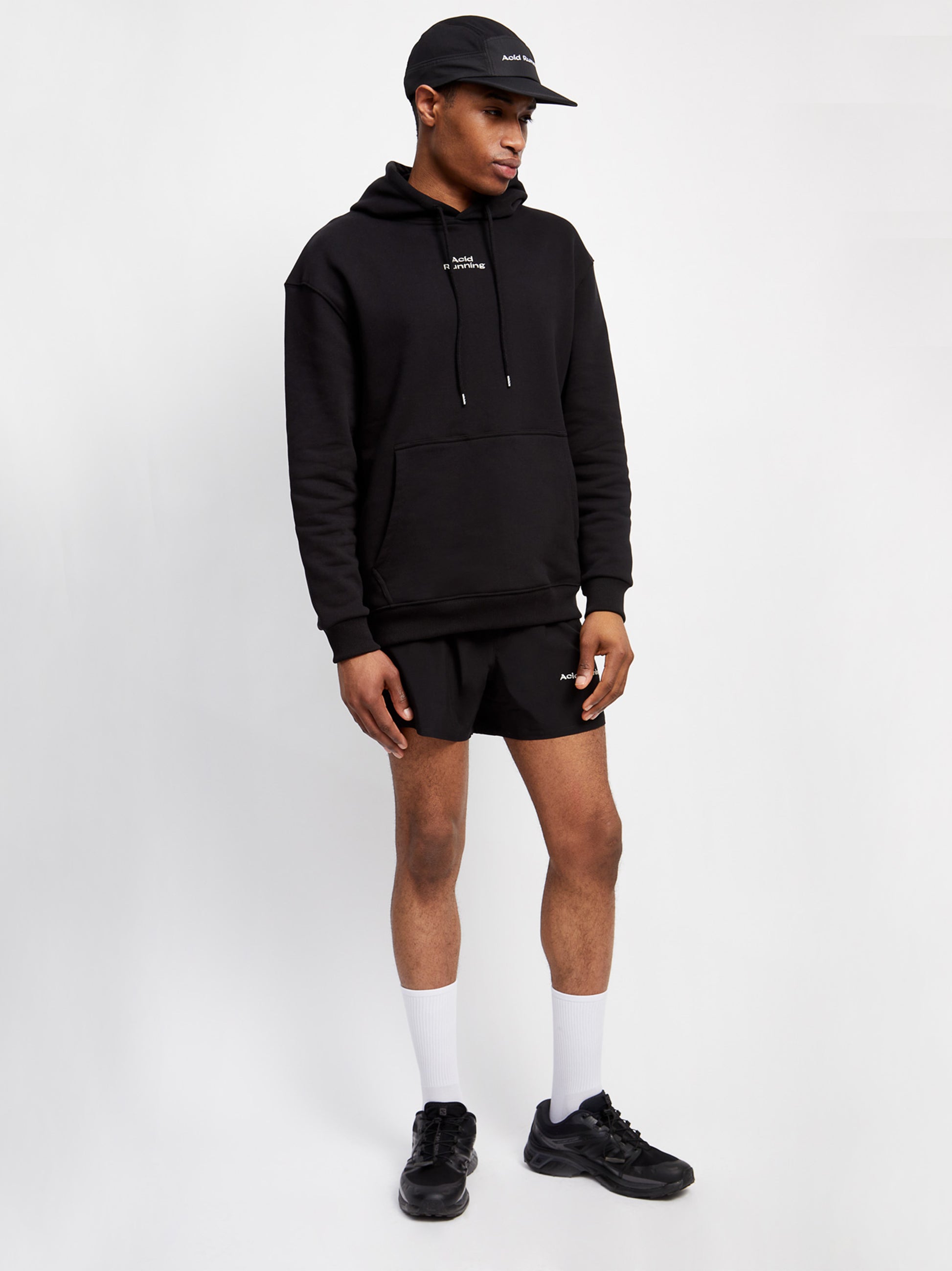 Black logo hoodie made from organic cotton, featuring off-white embroidery and acid hare print.